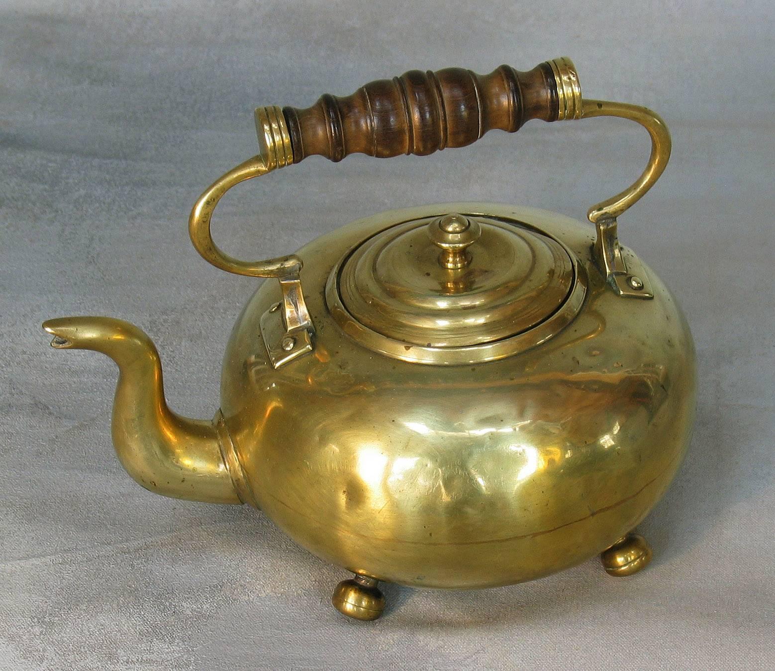 Early Victorian Brass Toddy Kettle, Fruit Wood Handle, circa 1840 For Sale 2