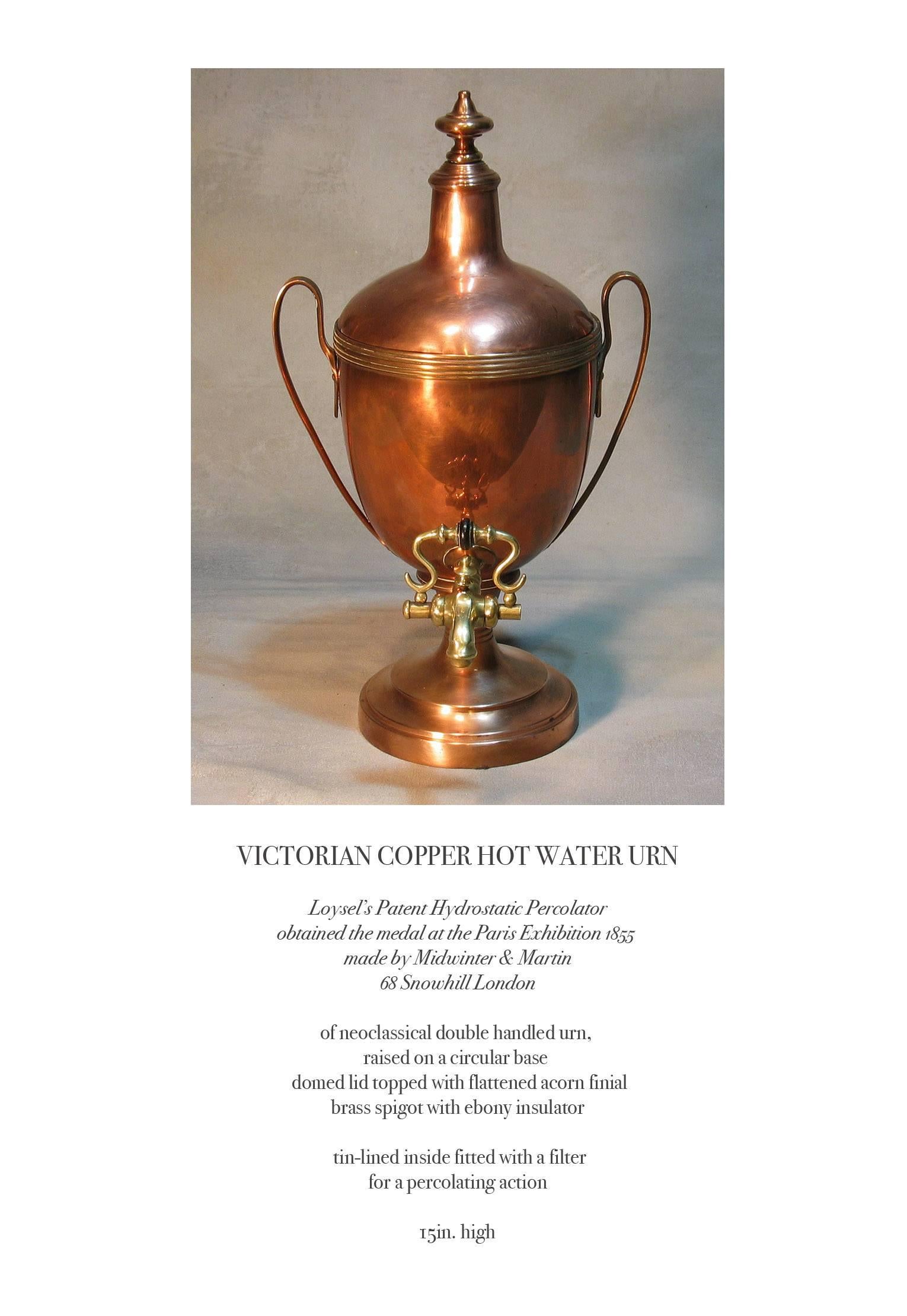 Victorian copper hot water urn, Paris Exhibition 1855 medal winner design, Loysel's patent hydrostatic percolator obtained the medal at the Paris Exhibition in 1855, made by Midwinter & Martin, 68 Snowhill London. A neoclassical double turned