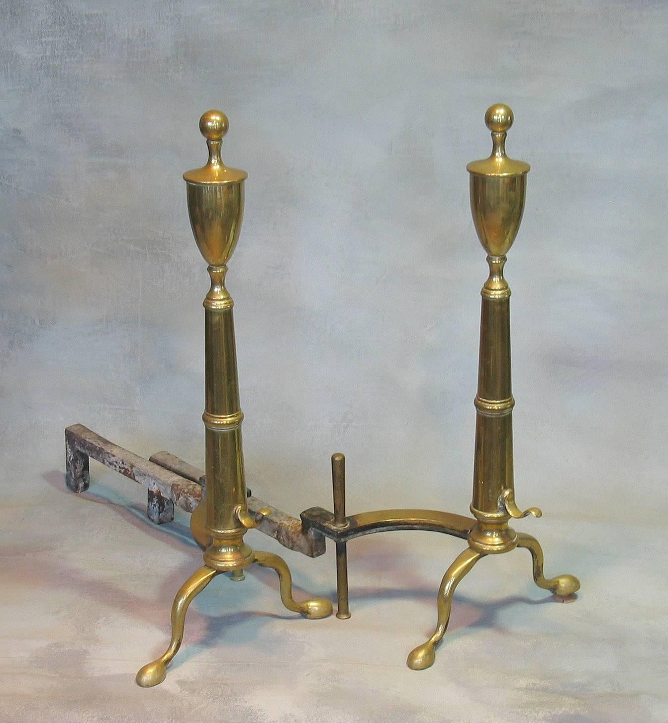 American Classical Pair of Brass Urn Top Andirons, American, First Half of the 20th Century