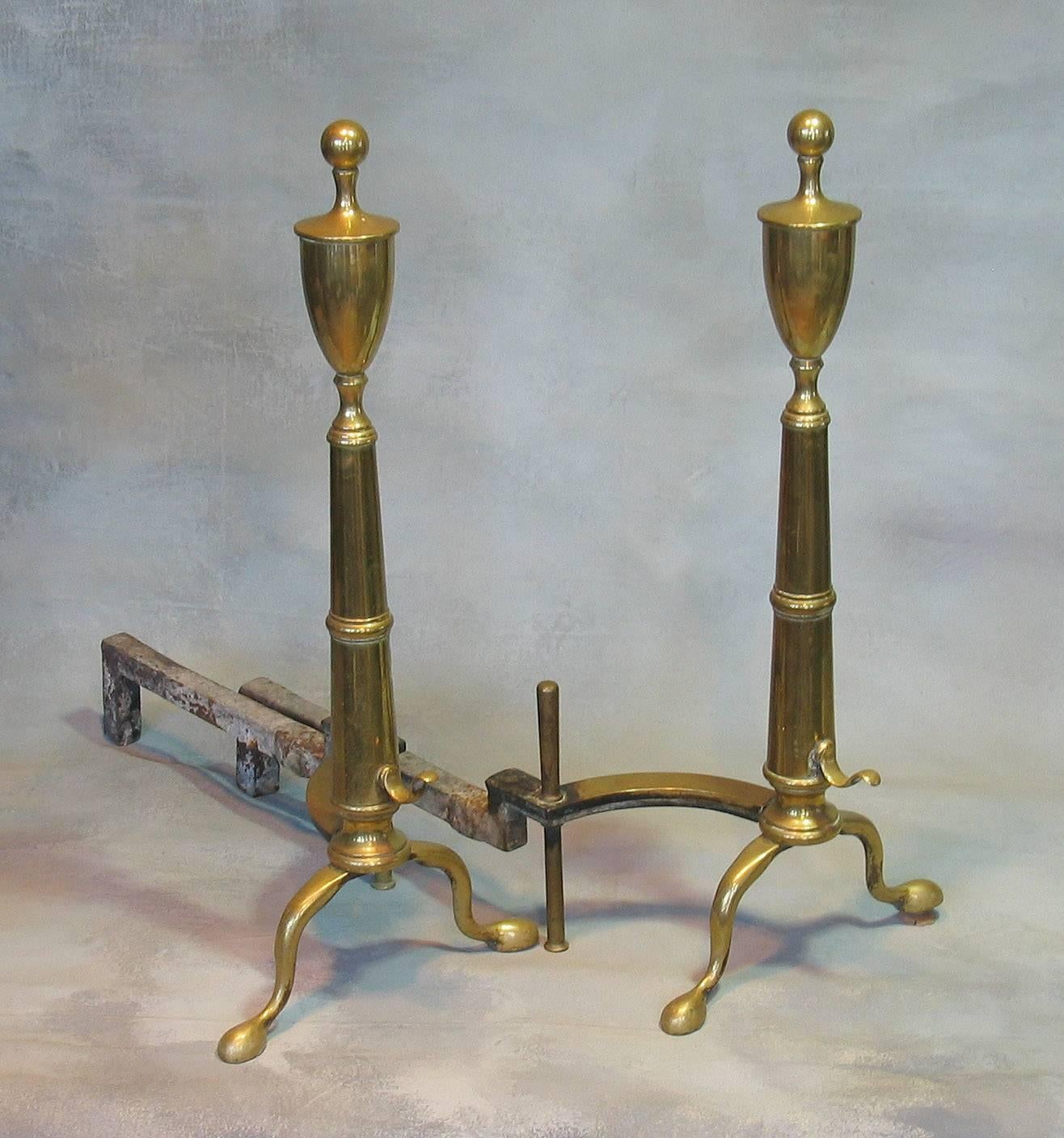 Pair of Brass Urn Top Andirons, American, First Half of the 20th Century 1