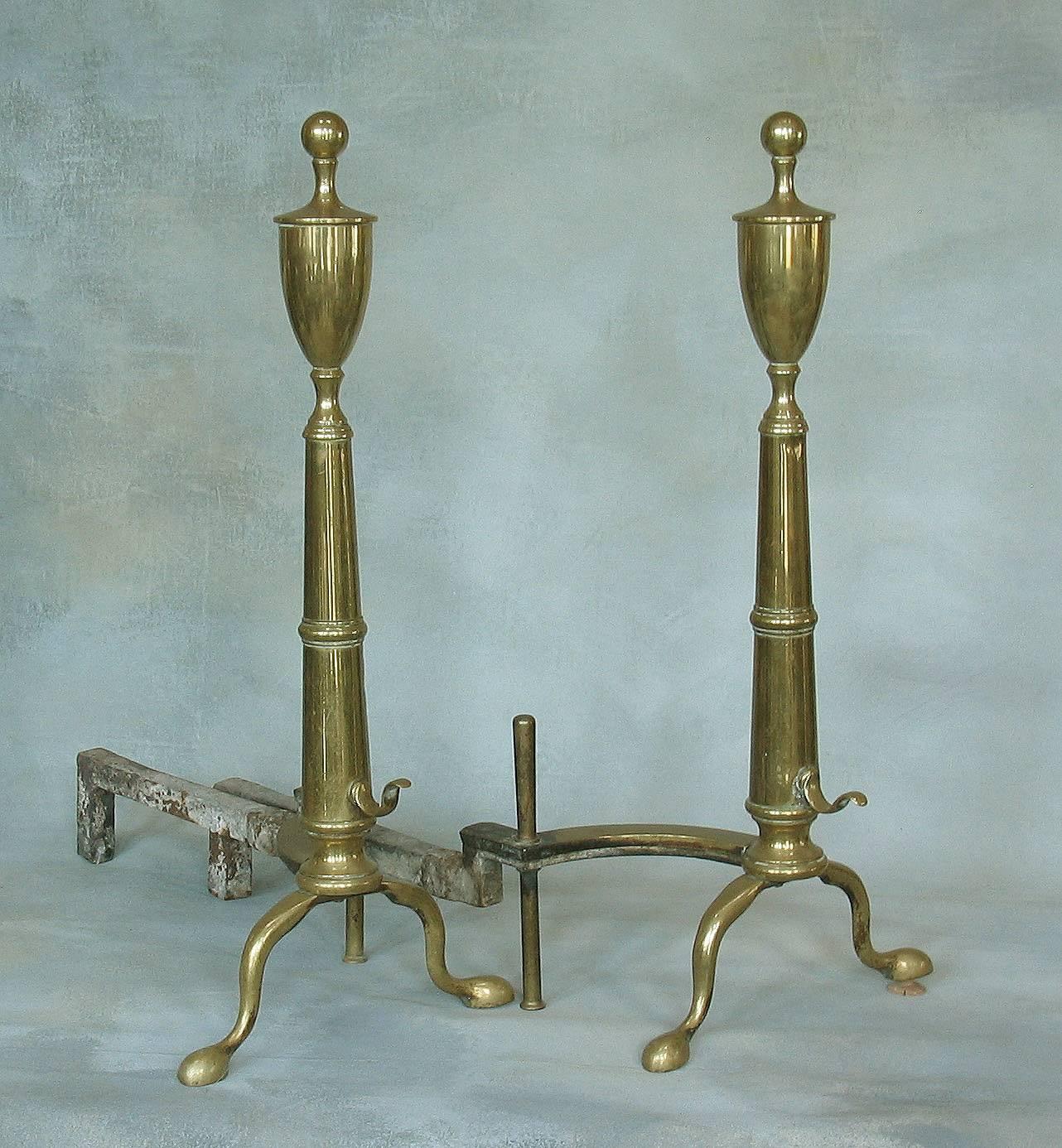 Pair of Brass Urn Top Andirons, American, First Half of the 20th Century 2