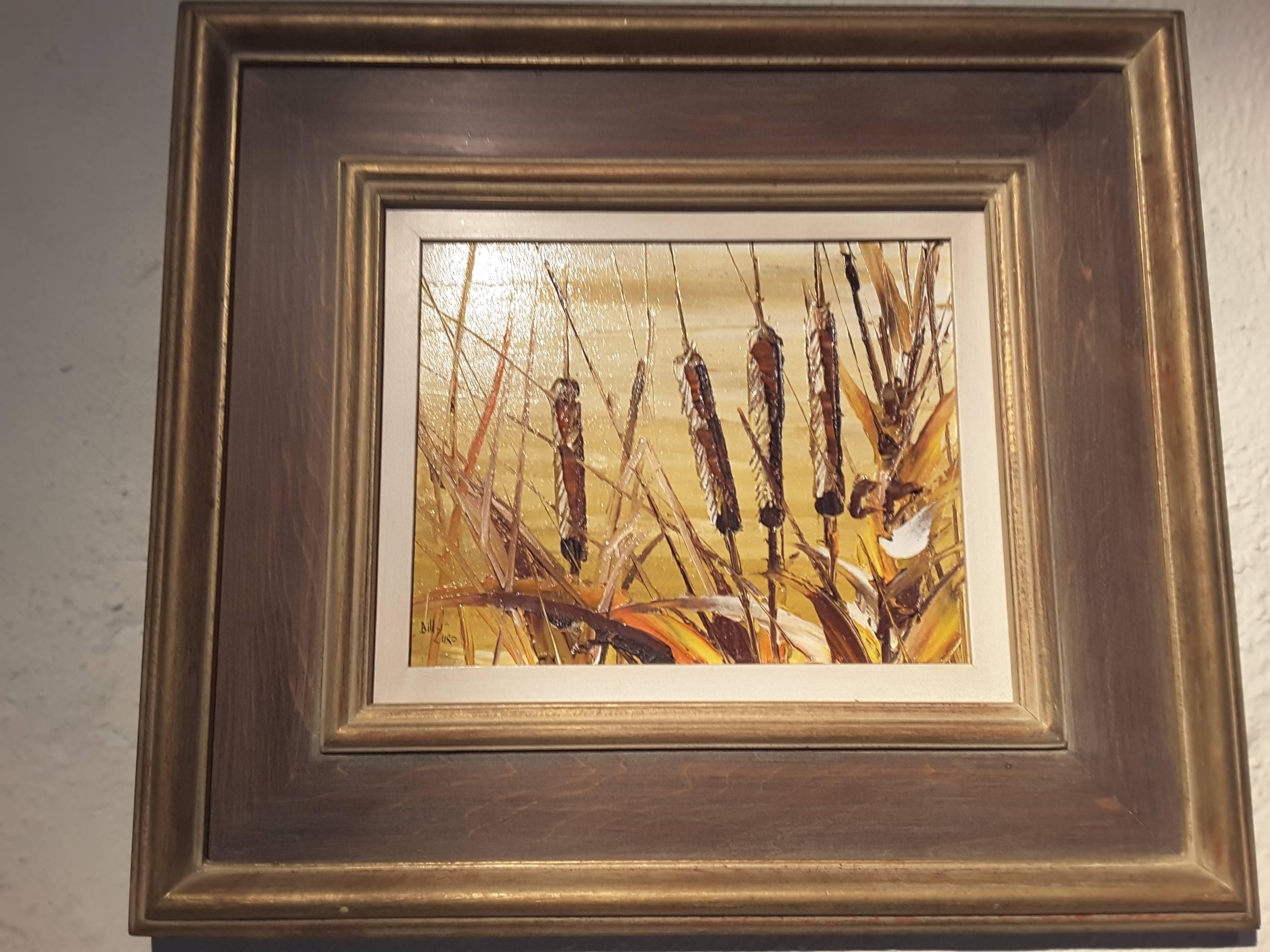 Bill Zuro, acrylic on panel, titled Cat Tails, Canadian artist, original label verso, with information and details. The panel measures 8