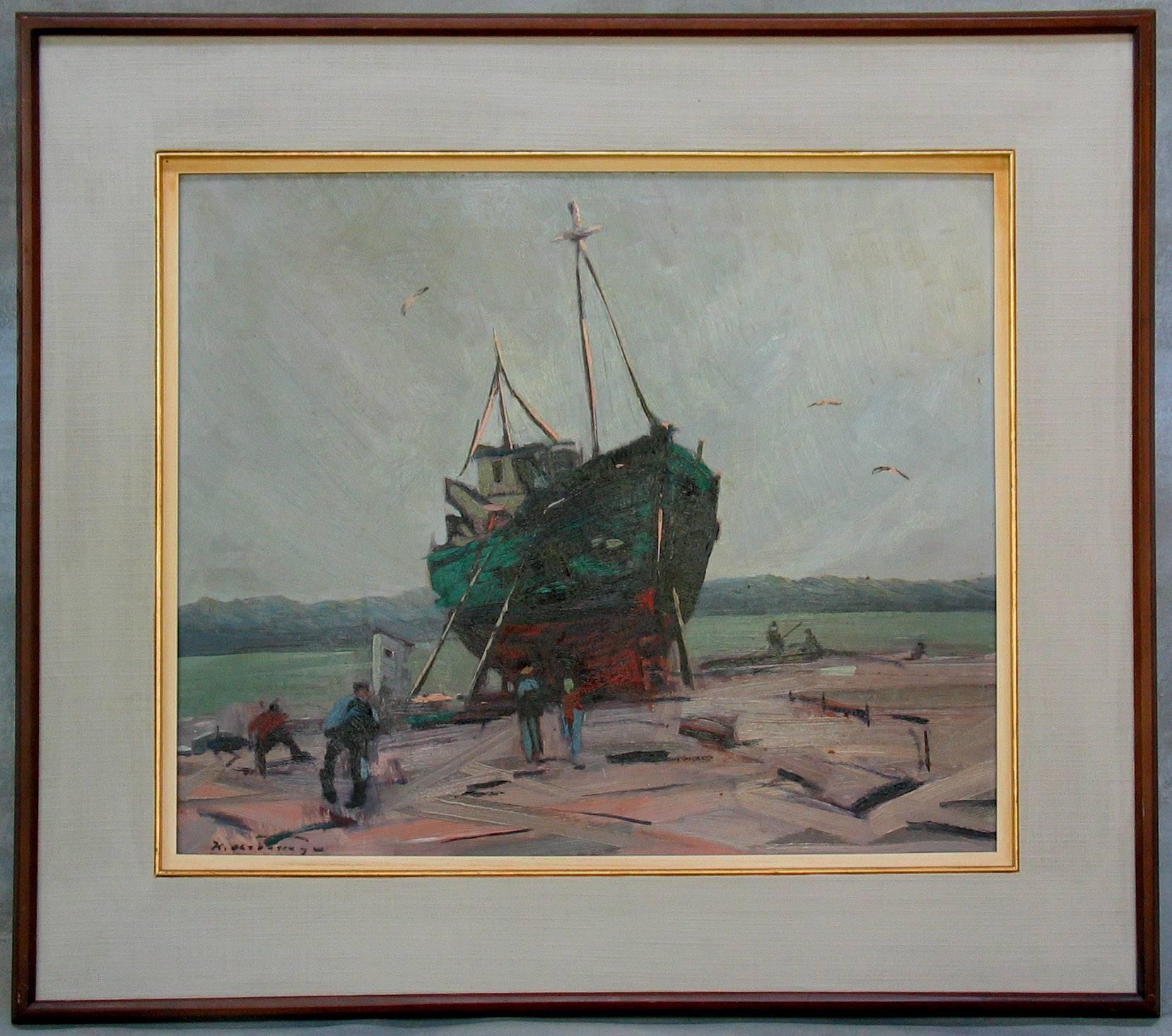 Expressionist Klement Olsansky Painting, Titled Fishing Boat at Drydock, Canadian, circa 1945 For Sale