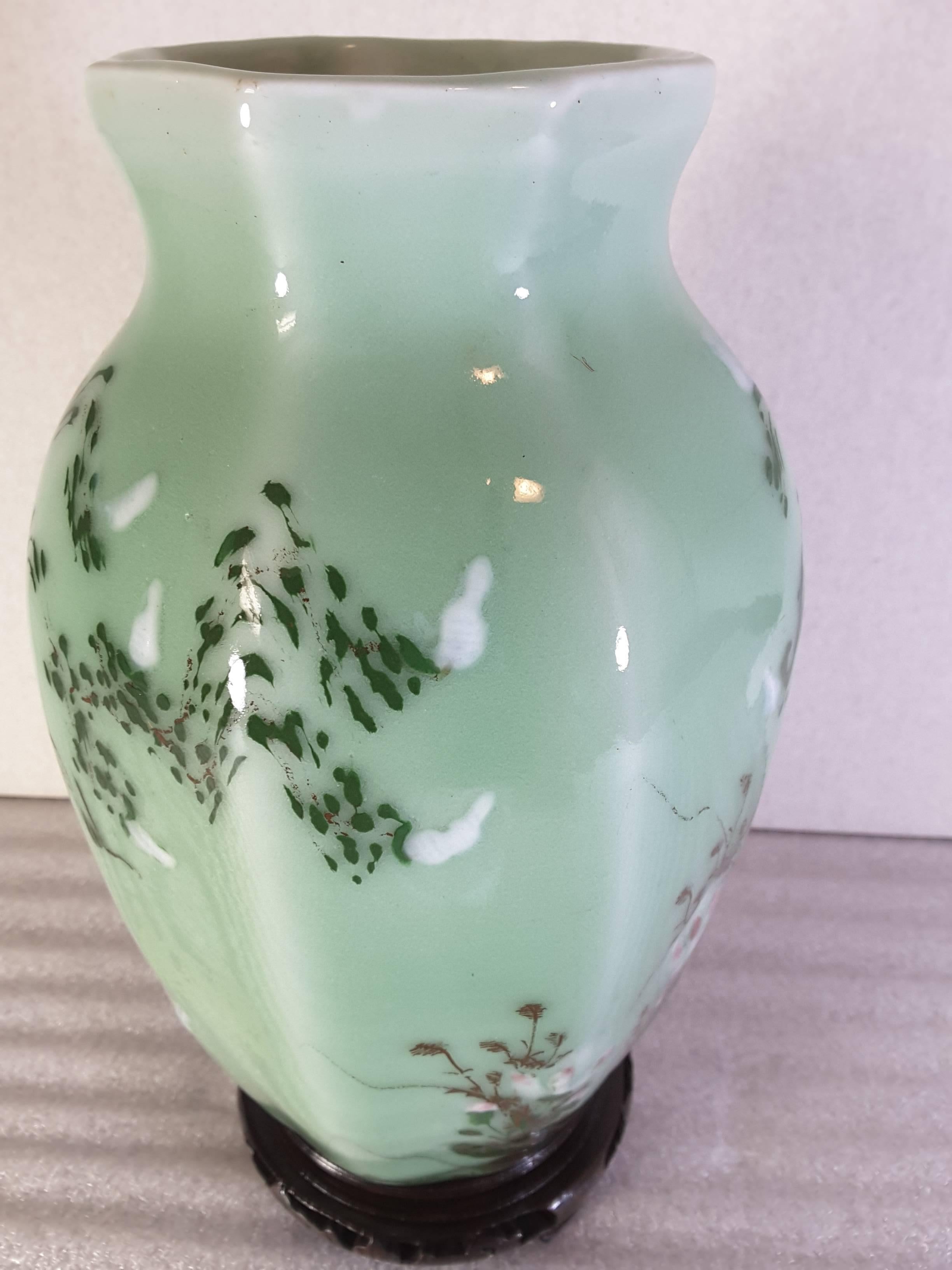 19th Century Chinese Celadon Blue Bird and Floral Decorated Hexagon Vase