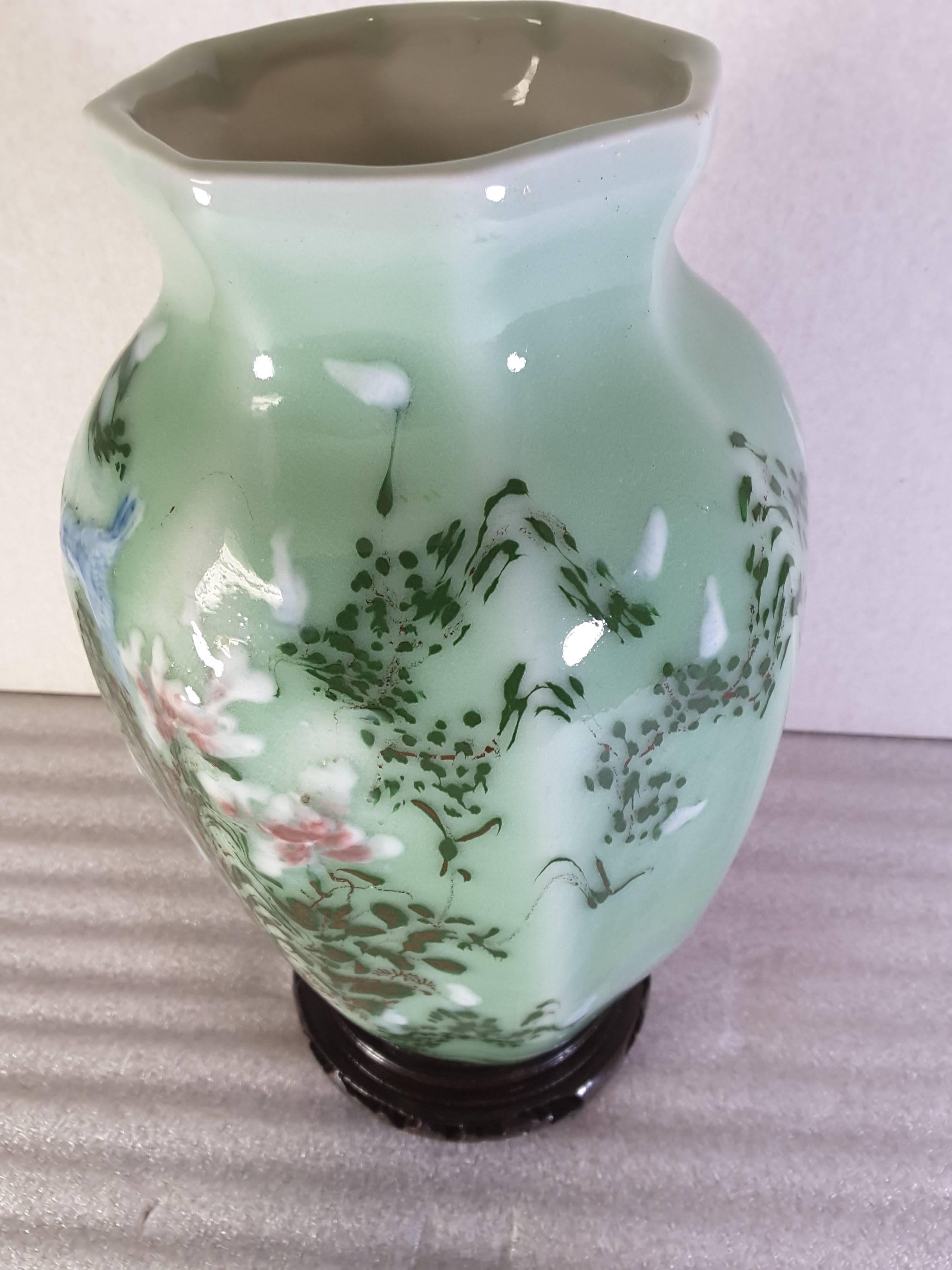 Pottery Chinese Celadon Blue Bird and Floral Decorated Hexagon Vase