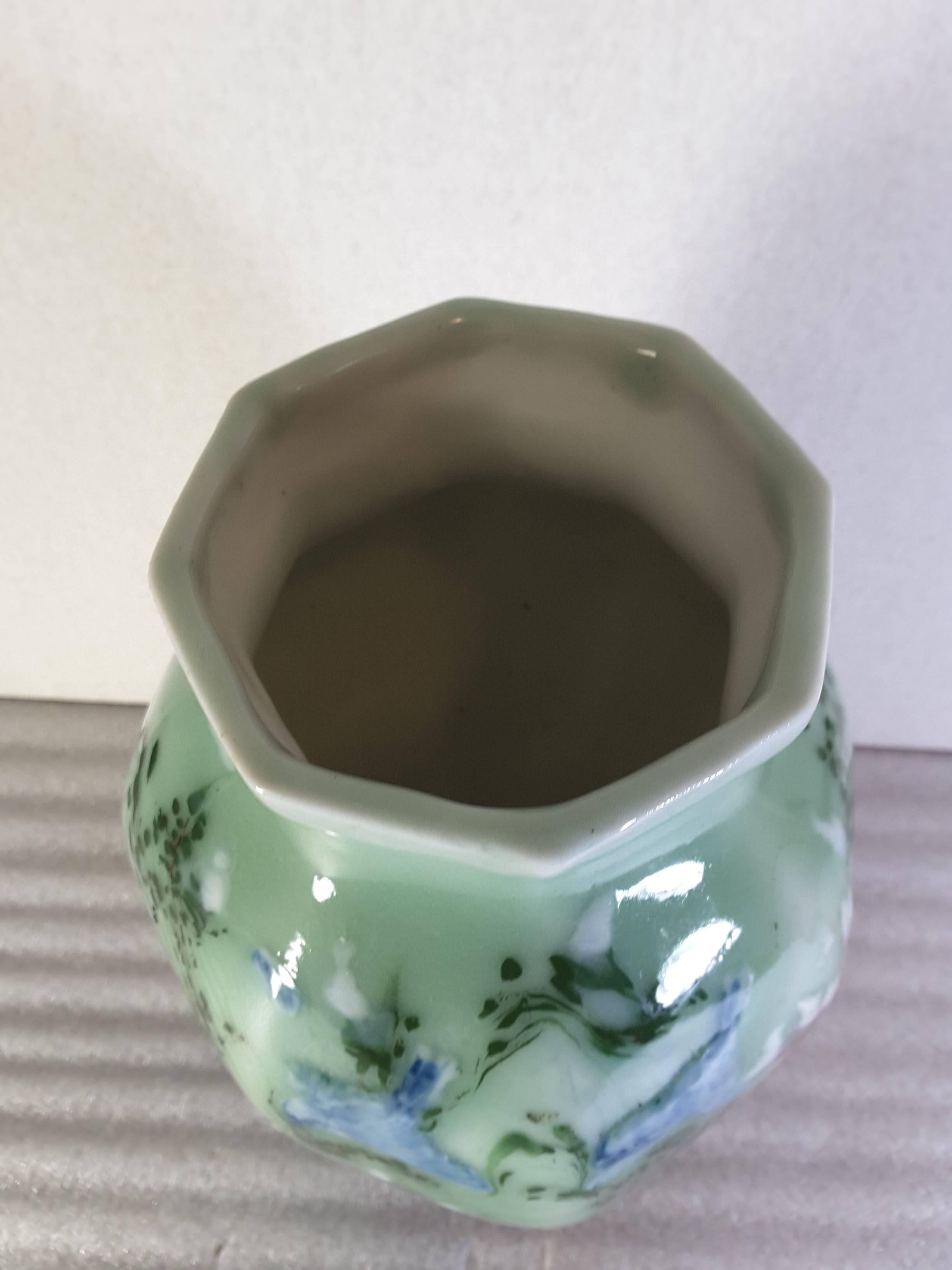 Chinese Celadon Blue Bird and Floral Decorated Hexagon Vase 1