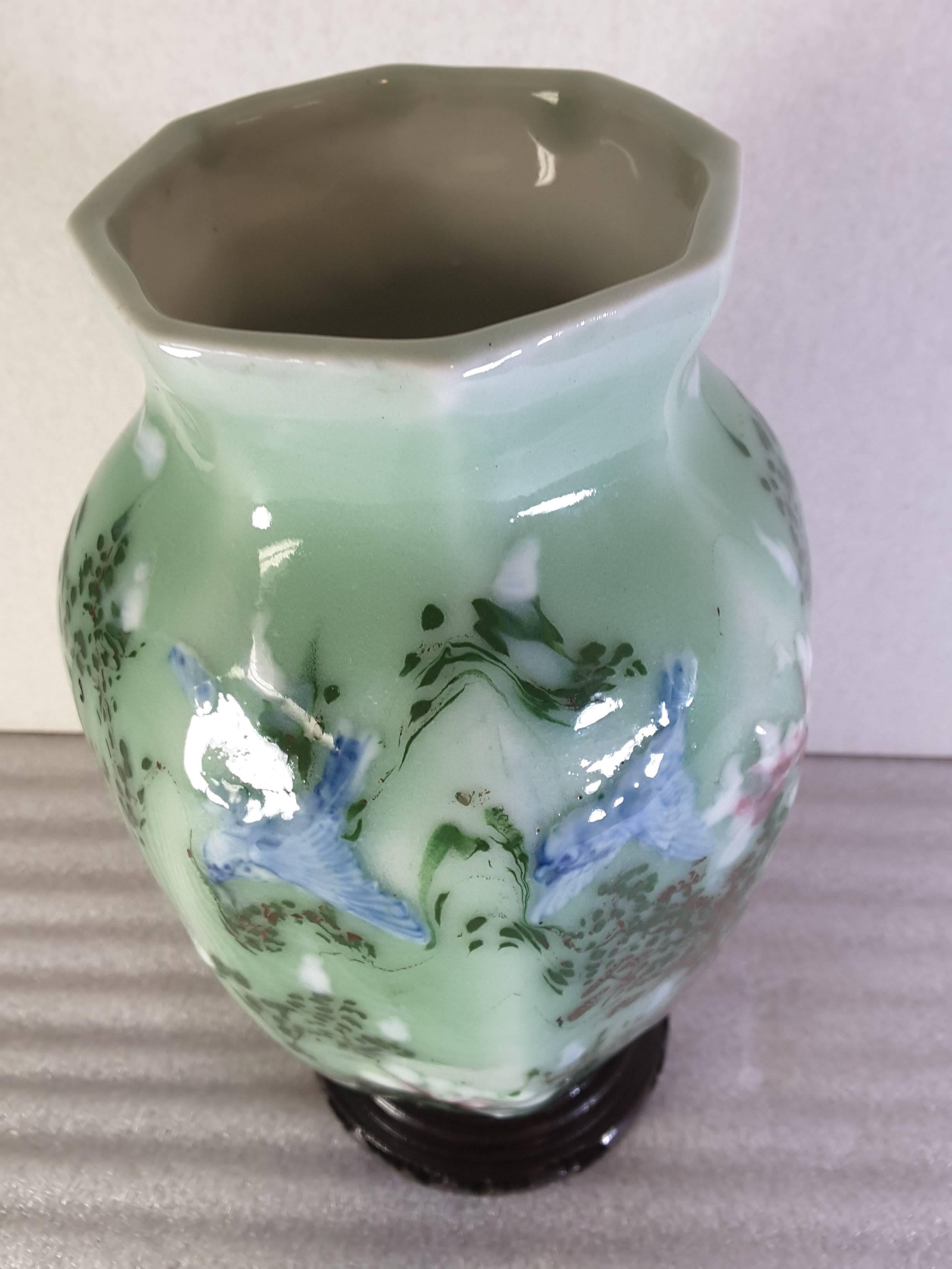 Chinese Celadon Blue Bird and Floral Decorated Hexagon Vase 2