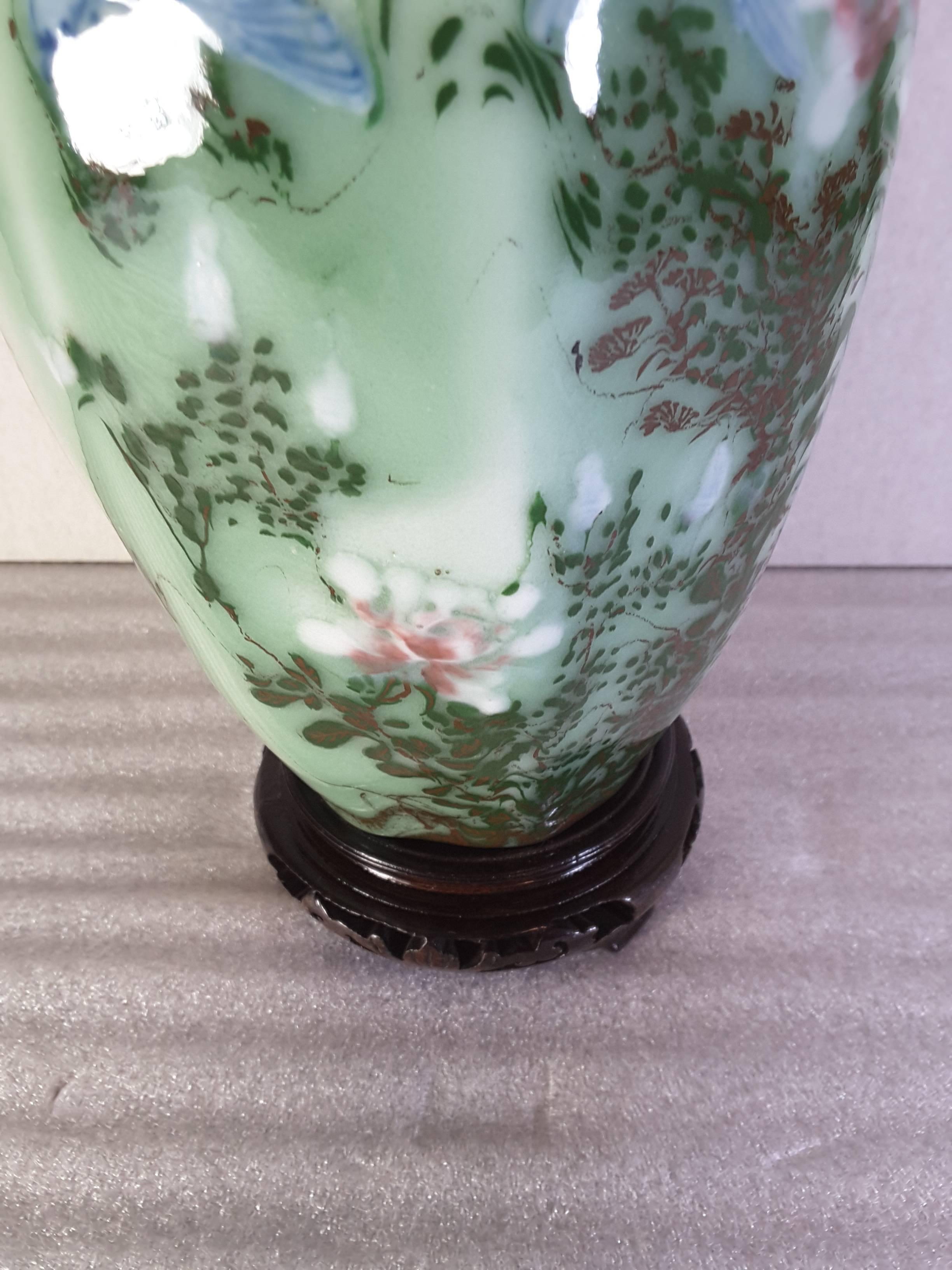 Chinese Celadon Blue Bird and Floral Decorated Hexagon Vase 3