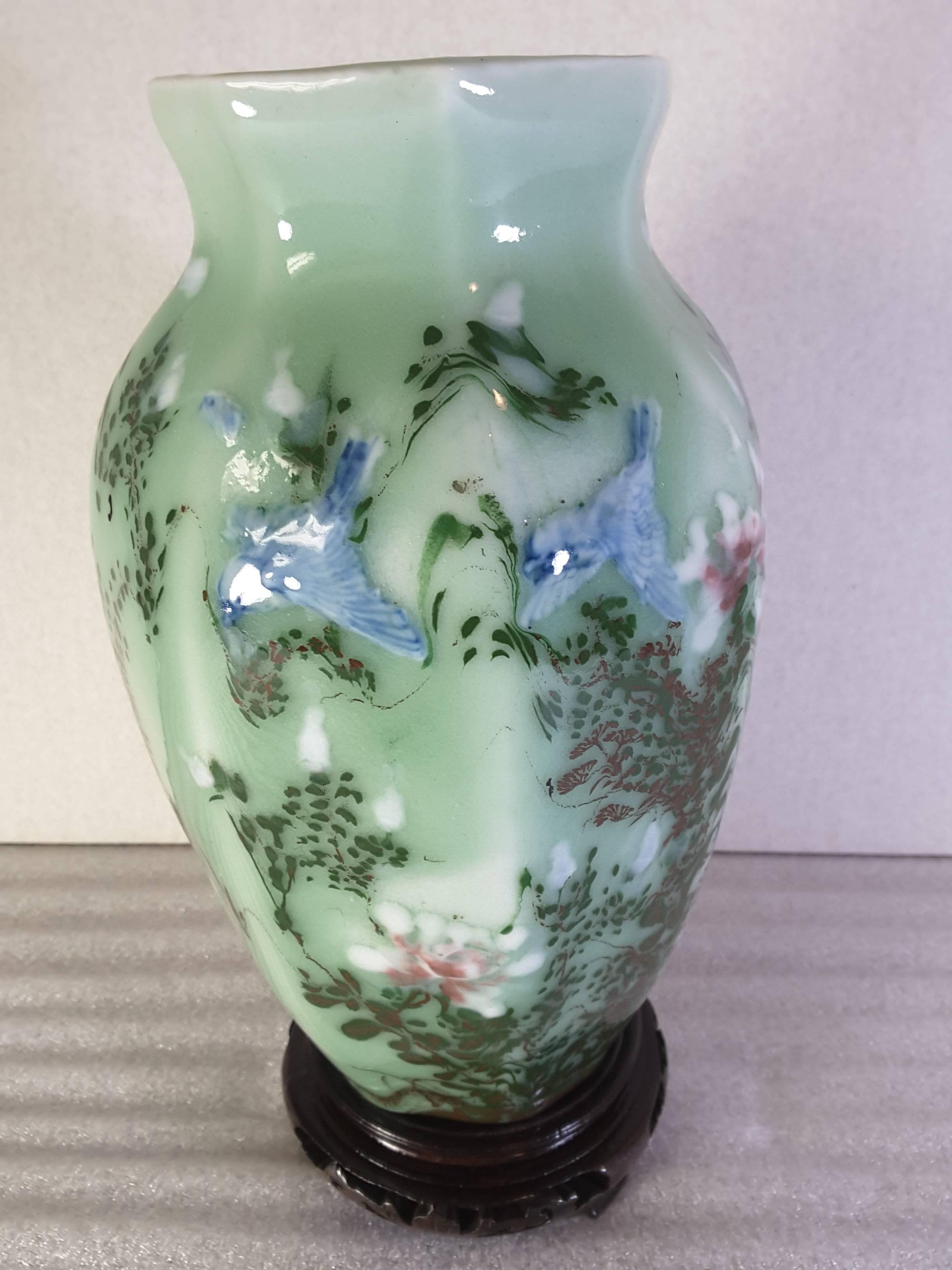Chinese Celadon Blue Bird and Floral Decorated Hexagon Vase 4
