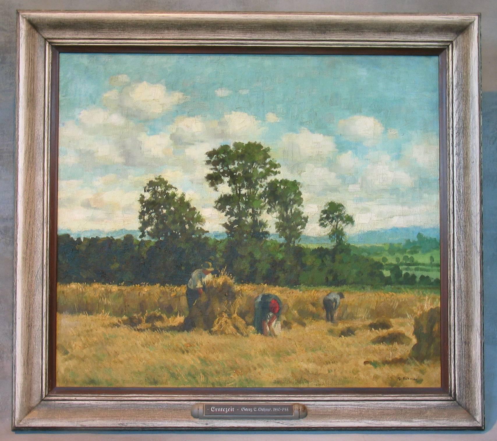 Georg Egmont Oehme (German 1890-1955) Oil on Canvas, Titled Harvest Time, Signed G. Oehme (lower right). Framed and titled on label "Erntezeit Georg E. Oehme 1890-1955" 
Condition: The paint shows light craquelure but is stabile and