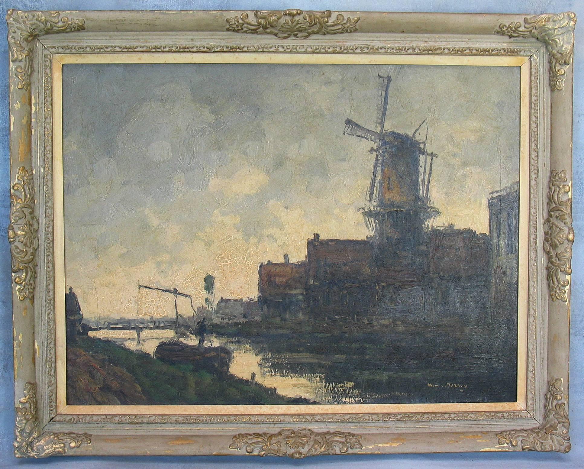 Wim van Norden (artiste néerlandais 1917-2001) Paysage hollandais avec canal et moulin à vent, signé Wim V. I. Norden, (signé en bas à droite), huile sur toile mesurant 23