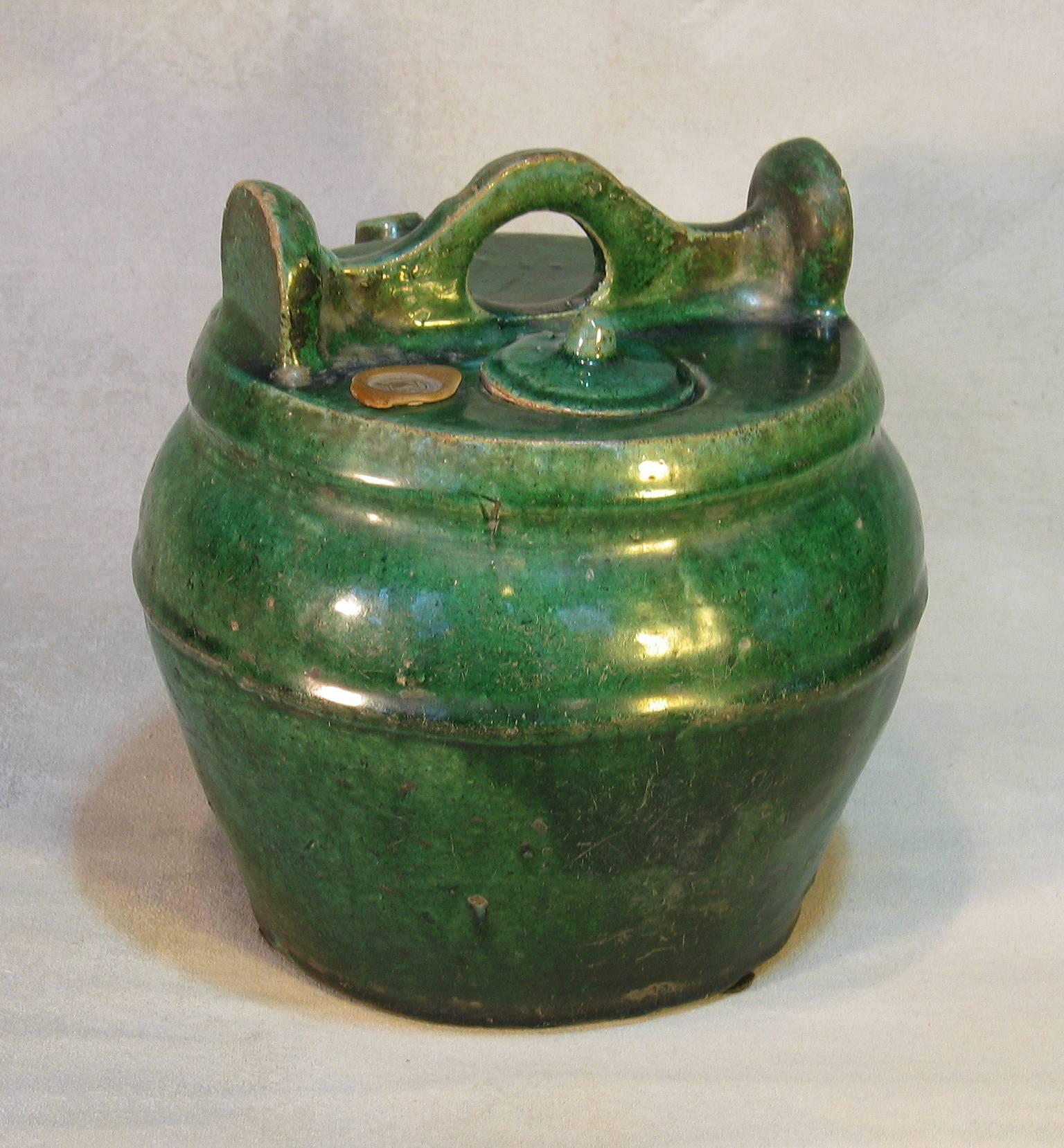 19th Century Chinese Emerald Green Shiwan Pottery Teapot, Chinese, Qing Dynasty For Sale