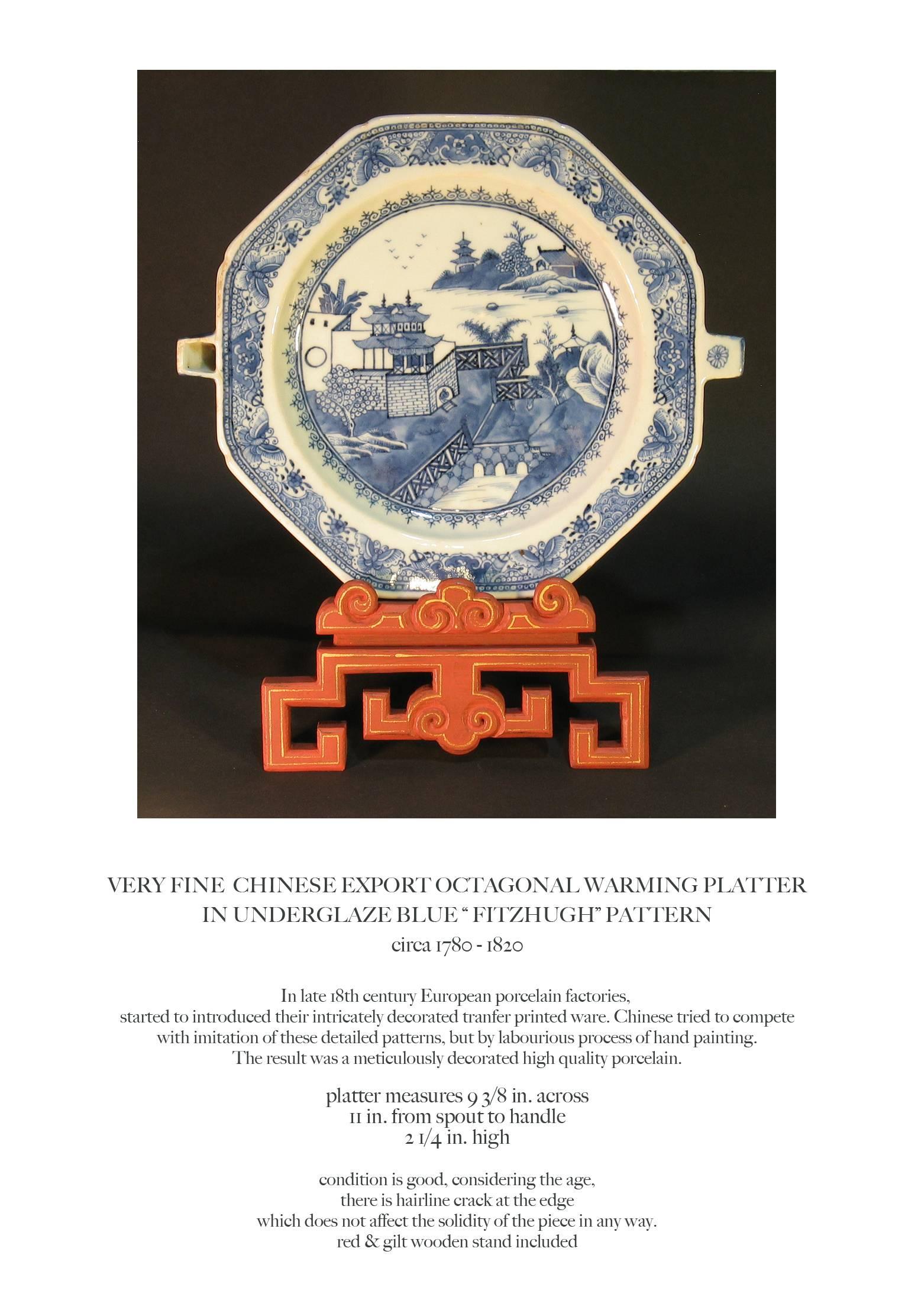 A very fine Chinese export octagonal warming platter in under glaze blue "Fitzhugh" pattern, circa 1780-1820. In late 18th century European porcelain factories, started to introduce their intricately decorated transfer printed ware. The