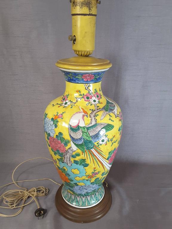 Chinese Imperial Yellow Large Table Lamp With Pheasant Birds Flowers Foliage