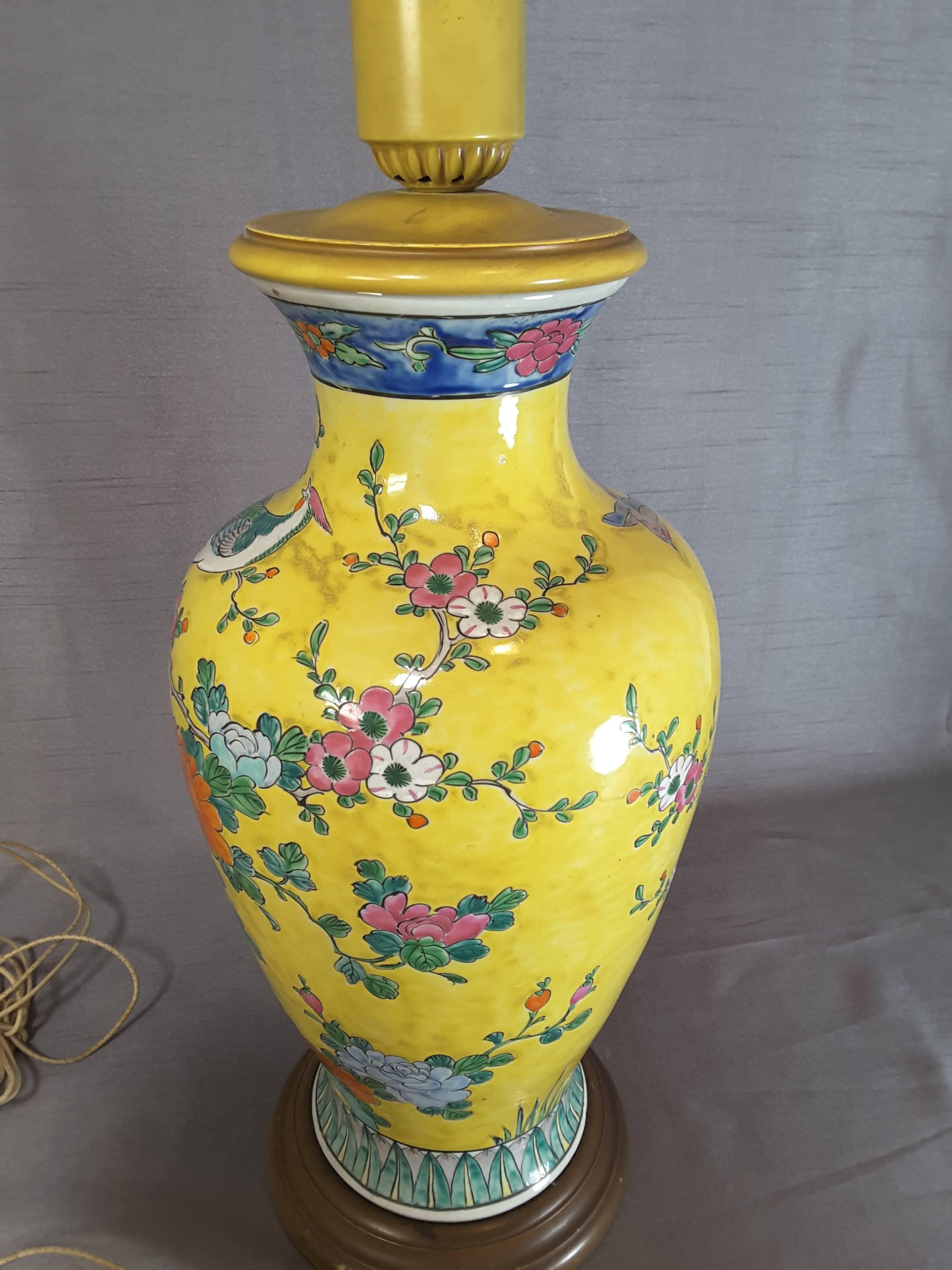 Chinese Export Chinese Imperial Yellow Large Table Lamp with Pheasant, Birds, Flowers & Foliage