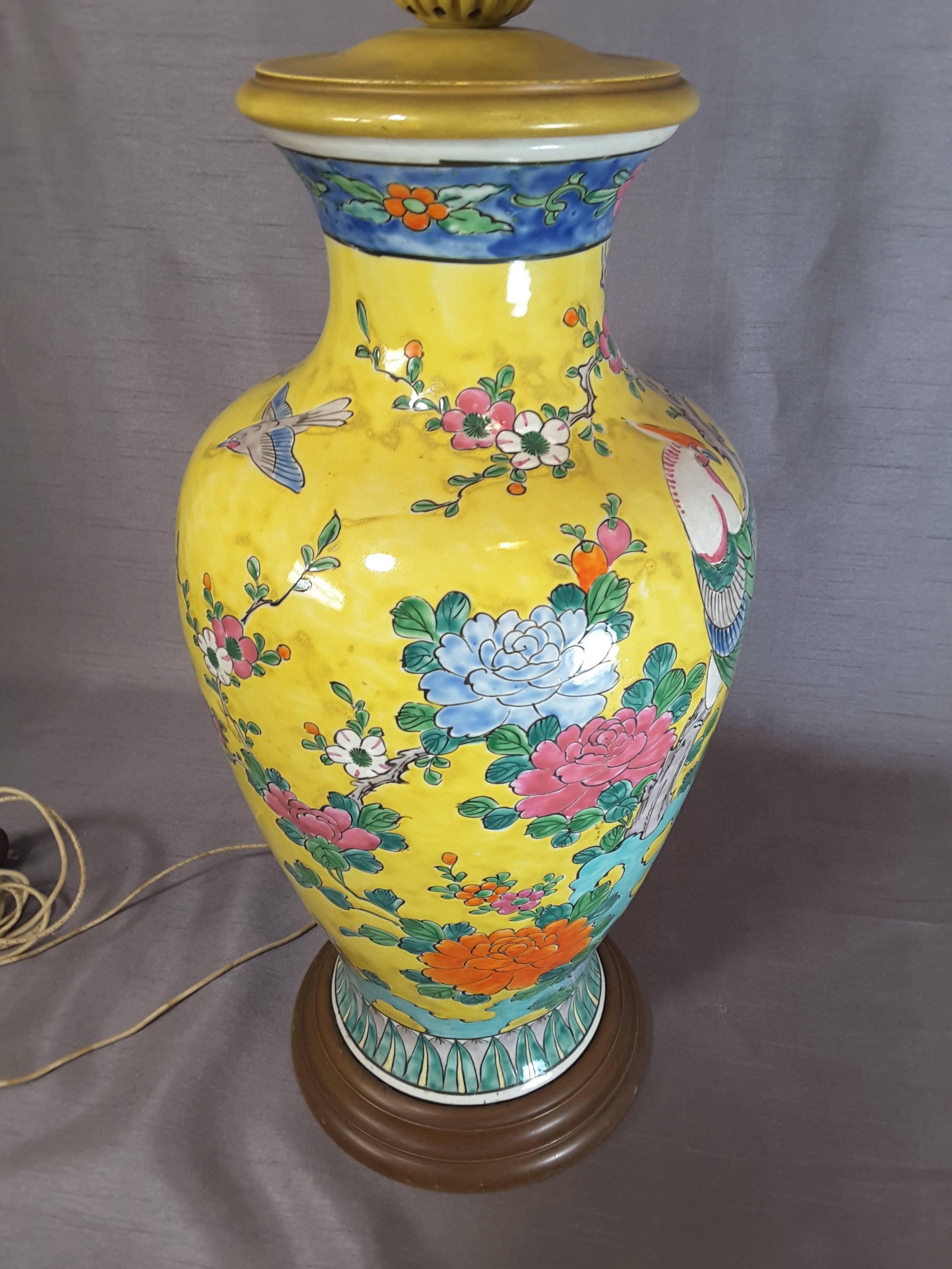 20th Century Chinese Imperial Yellow Large Table Lamp with Pheasant, Birds, Flowers & Foliage