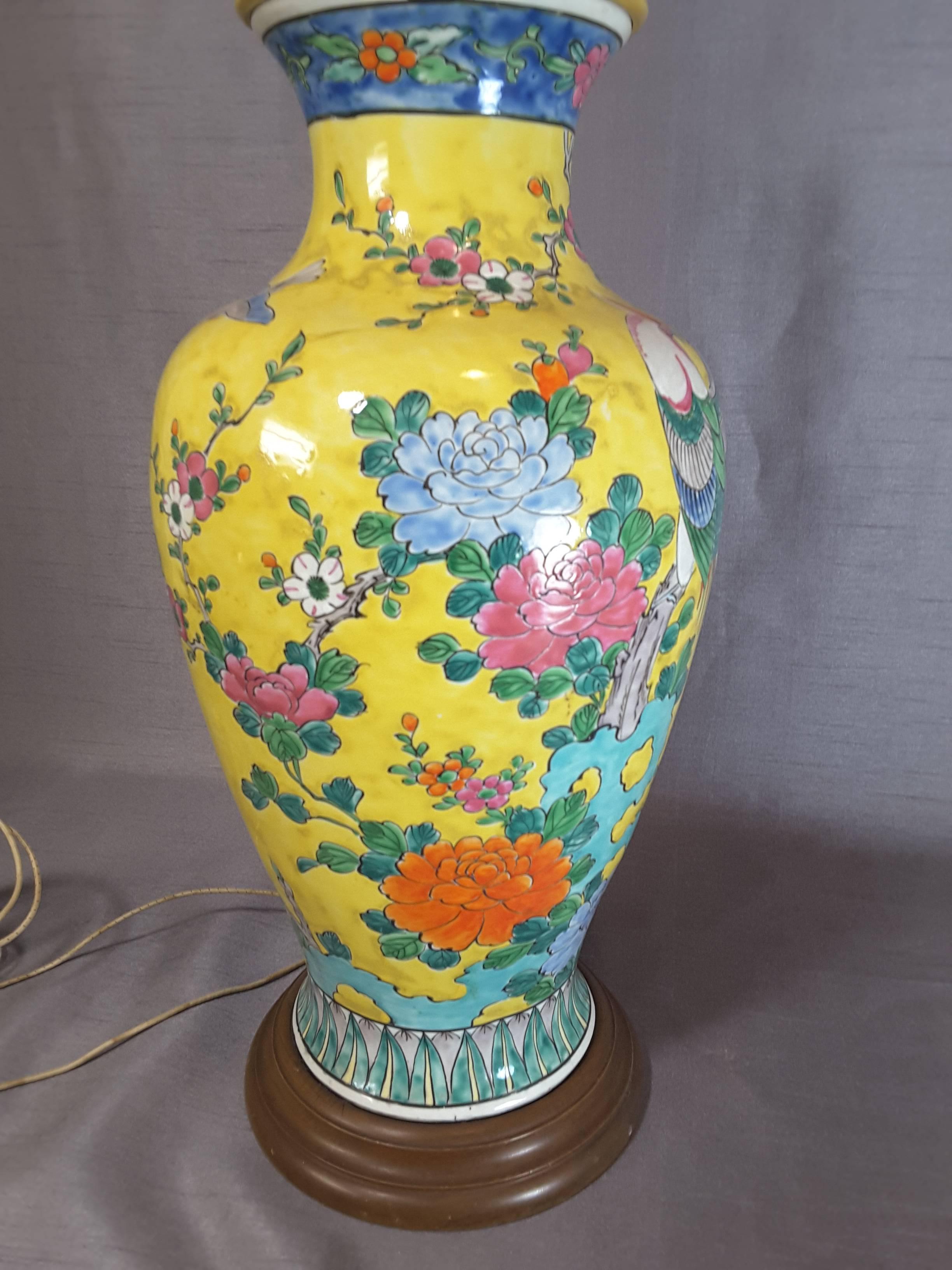 Ceramic Chinese Imperial Yellow Large Table Lamp with Pheasant, Birds, Flowers & Foliage