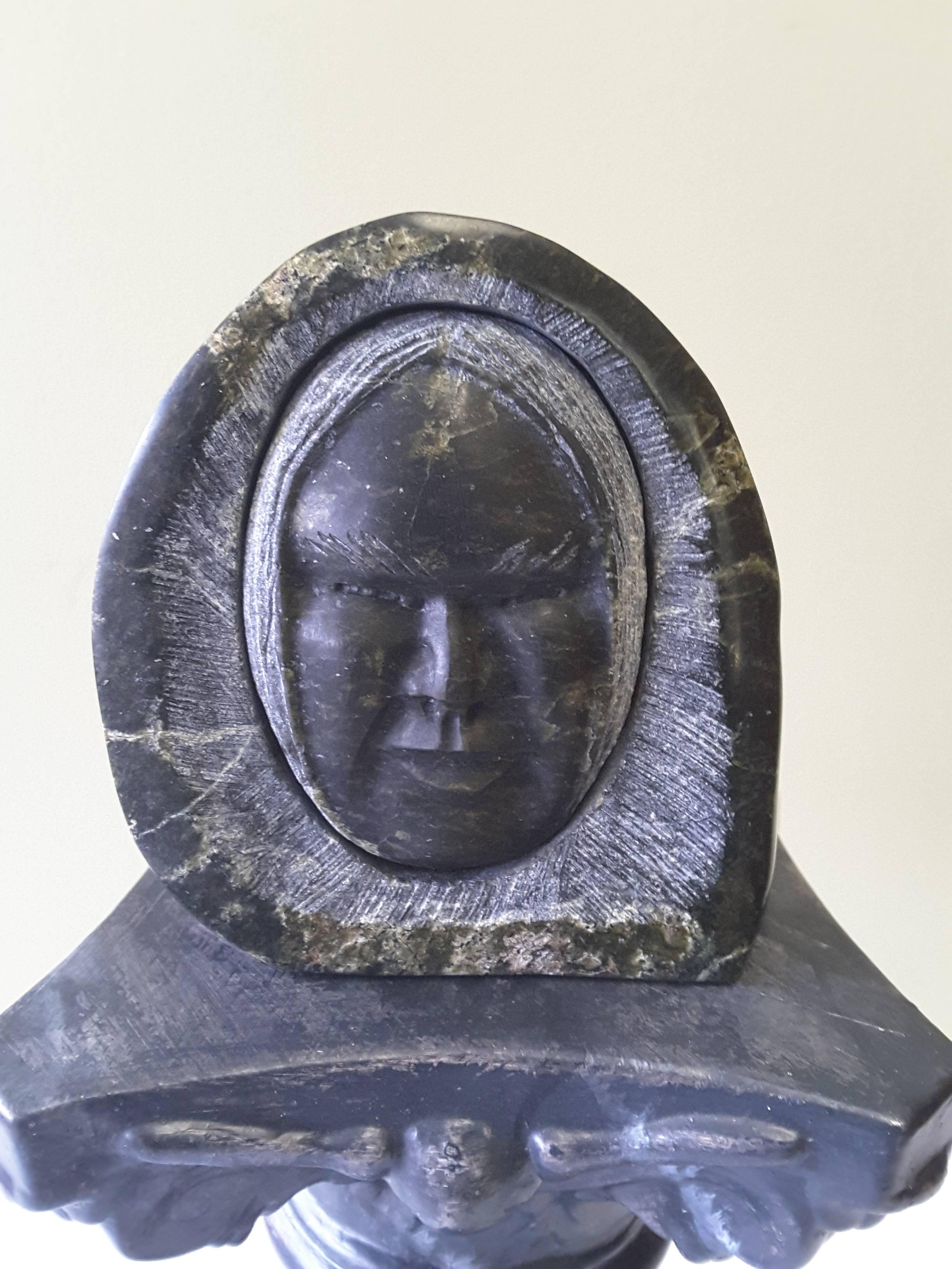 Native American Inuit Soapstone Sculpture of a Face Wrapped in a Parka Hood For Sale