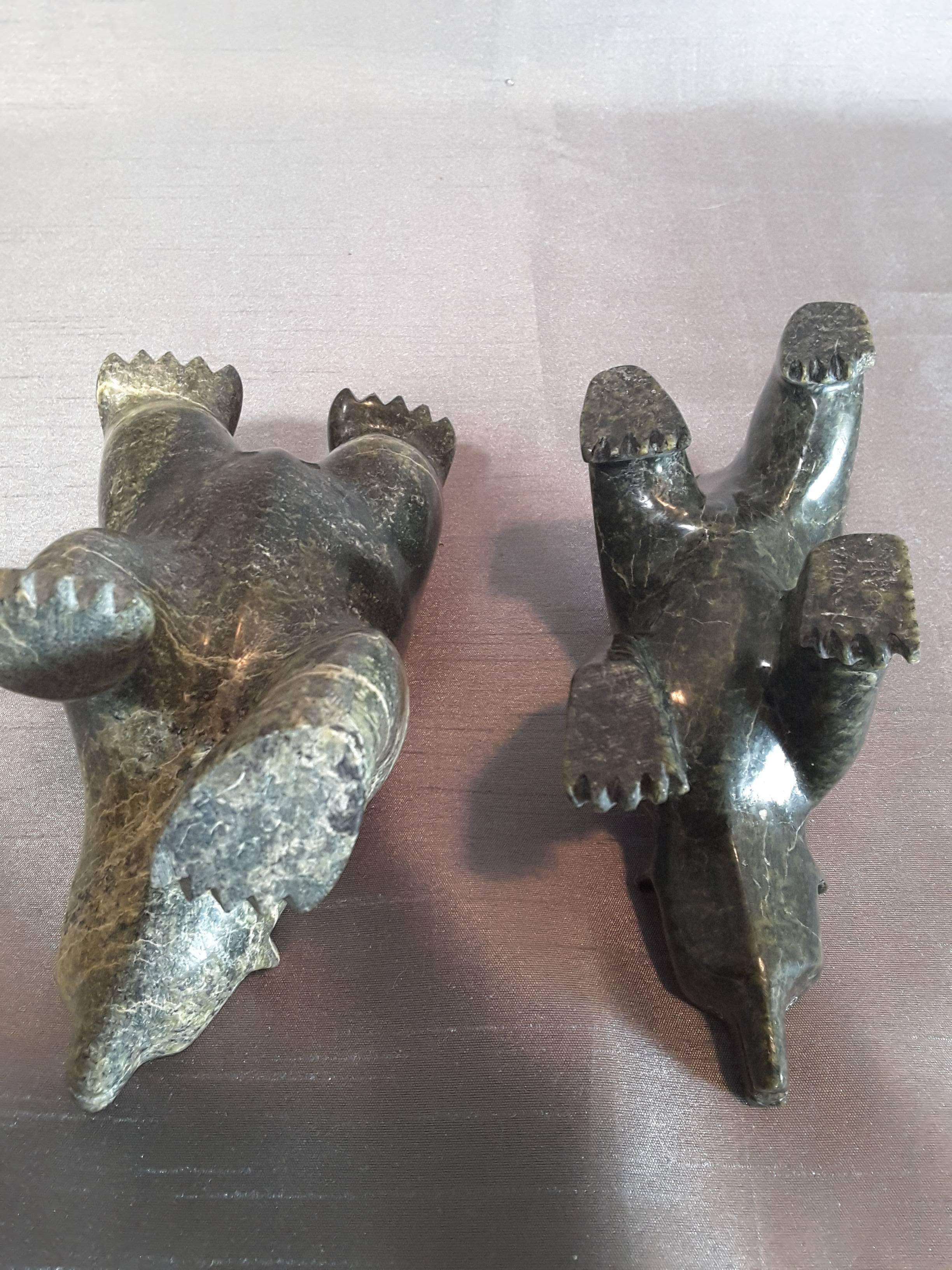 Pair of Inuit Soapstone Bear Sculptures, circa 1960-1970 1