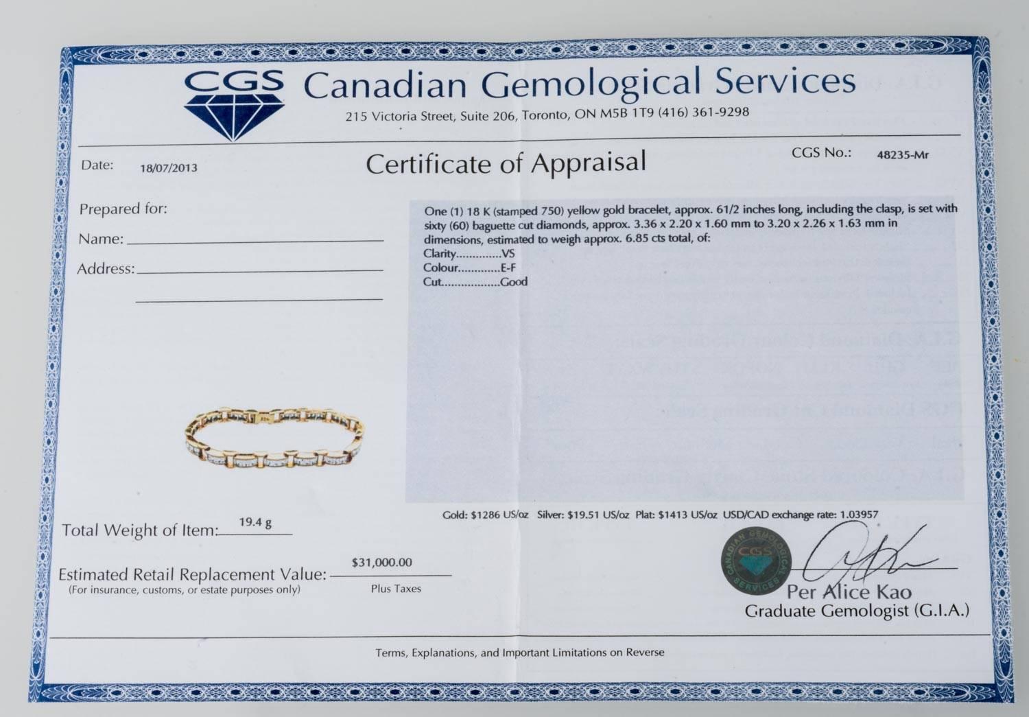 Modern 6.85 Carat & 18K Gold, GIA Certified Diamond Bracelet in a Chain Link Style