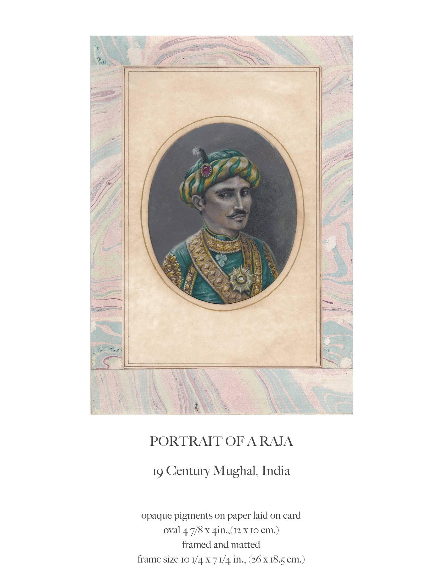 A fine portrait of a Raja, 19th century Mughal, India, opaque pigments on paper laid on a card. Oval measures 4 7/8