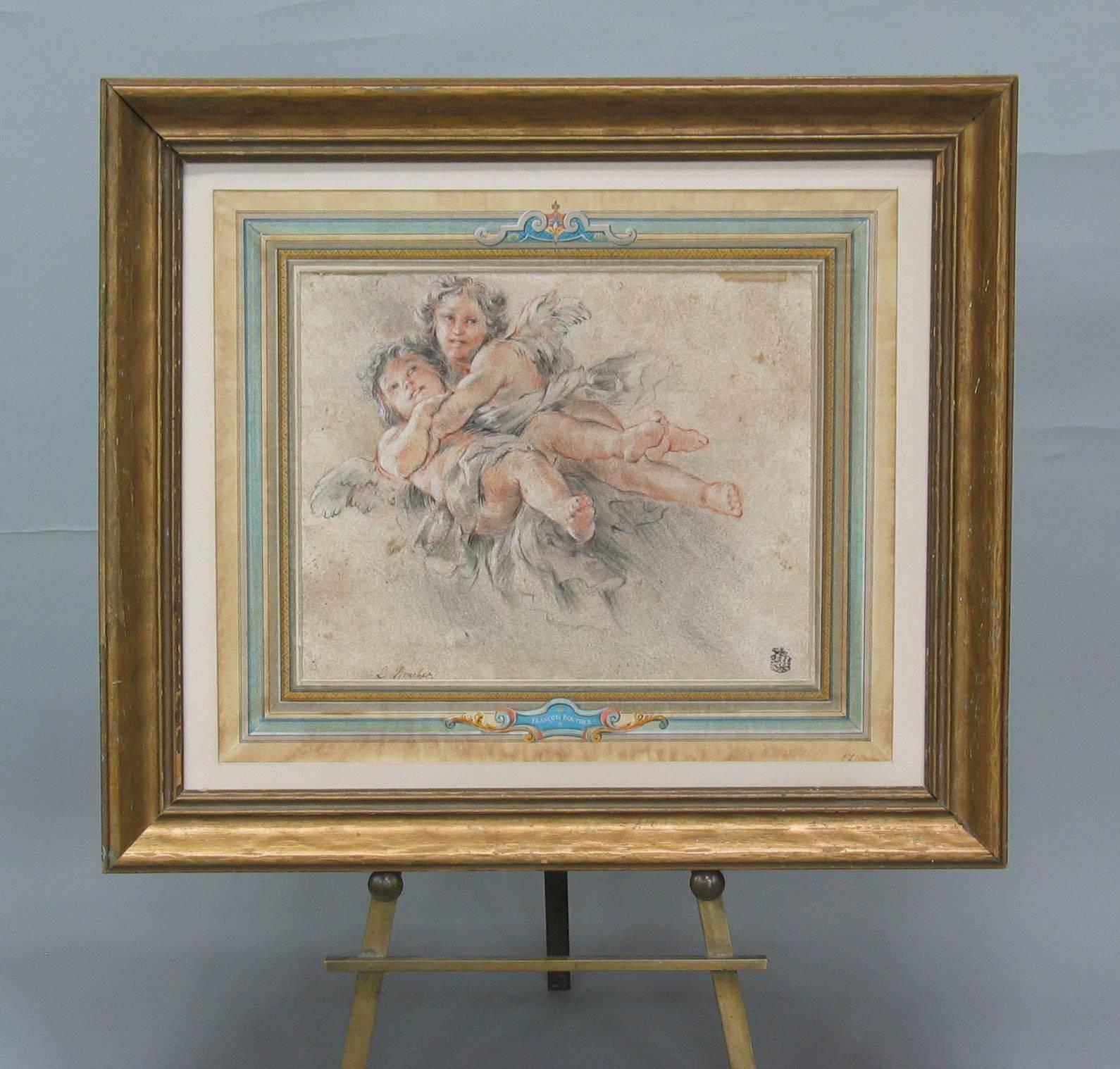 Two Putti's in Flight Attributed to Francois Boucher (Paris 1703-1770), Black chalk and stamping, with red and white chalk on buff paper. Bears signature in pen and brown ink: F.Boucher (l.l.) with an unidentified collectors mark (l.r.) in an