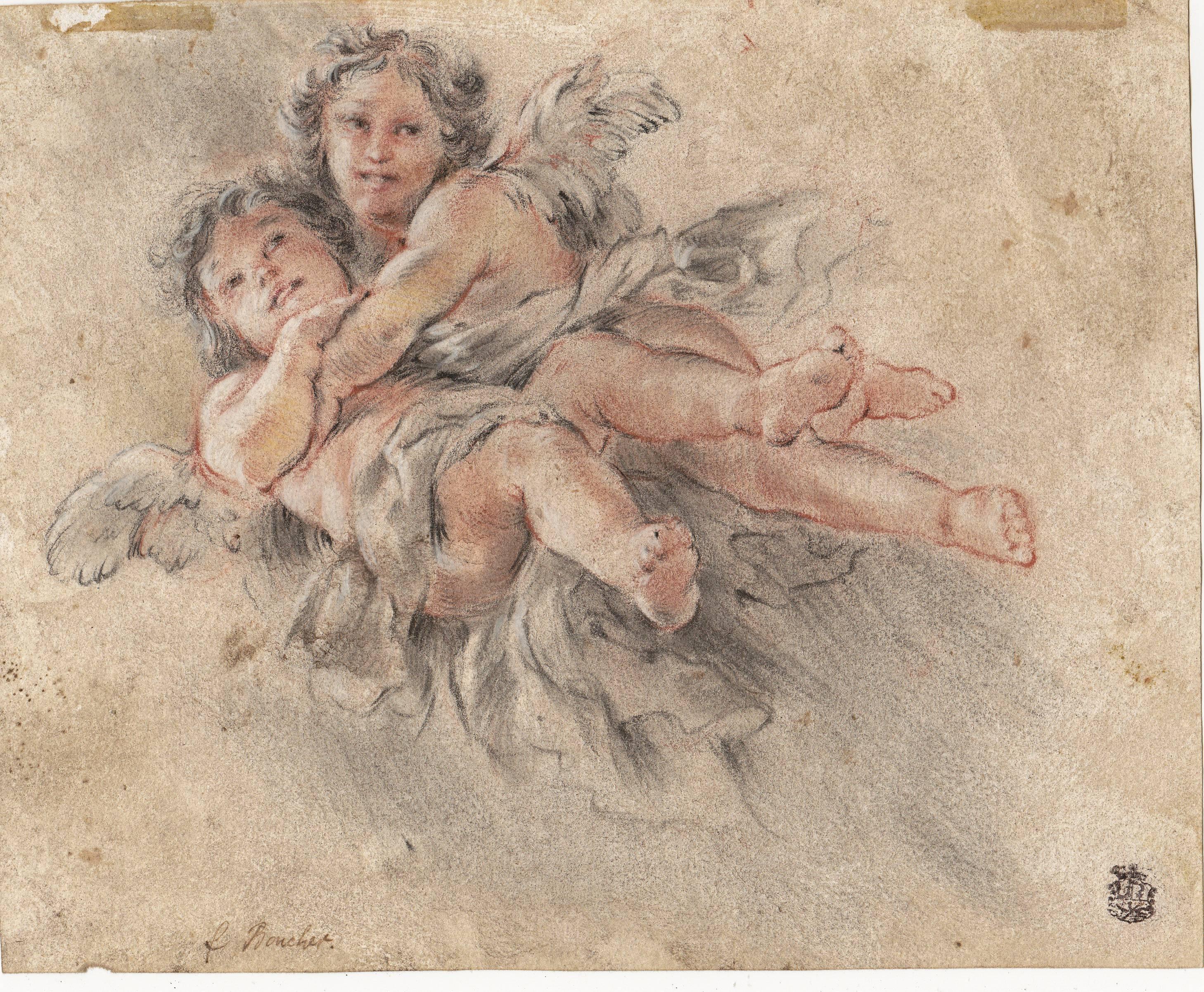 Paper Two Putti's in Flight Attributed to Francois Boucher For Sale