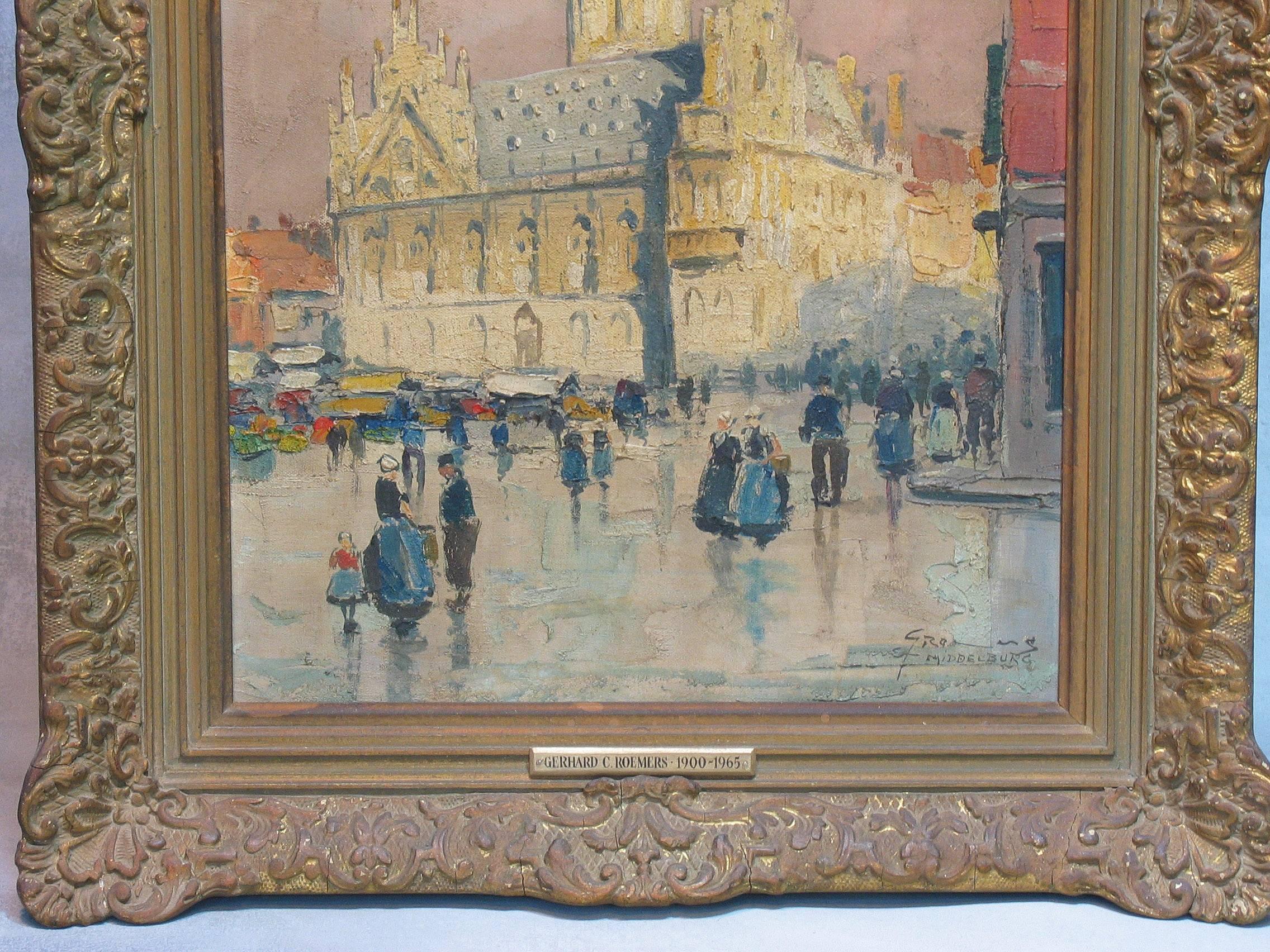 Gerhard Cohn Roemers, Oil on canvas painting (German, 1900-1965), View of Middleburg Town square with Gothic town hall. Signed and titled, lower right, Impressionist work, Executed with a bold impasto technique, Oil on Canvas. The painting measures