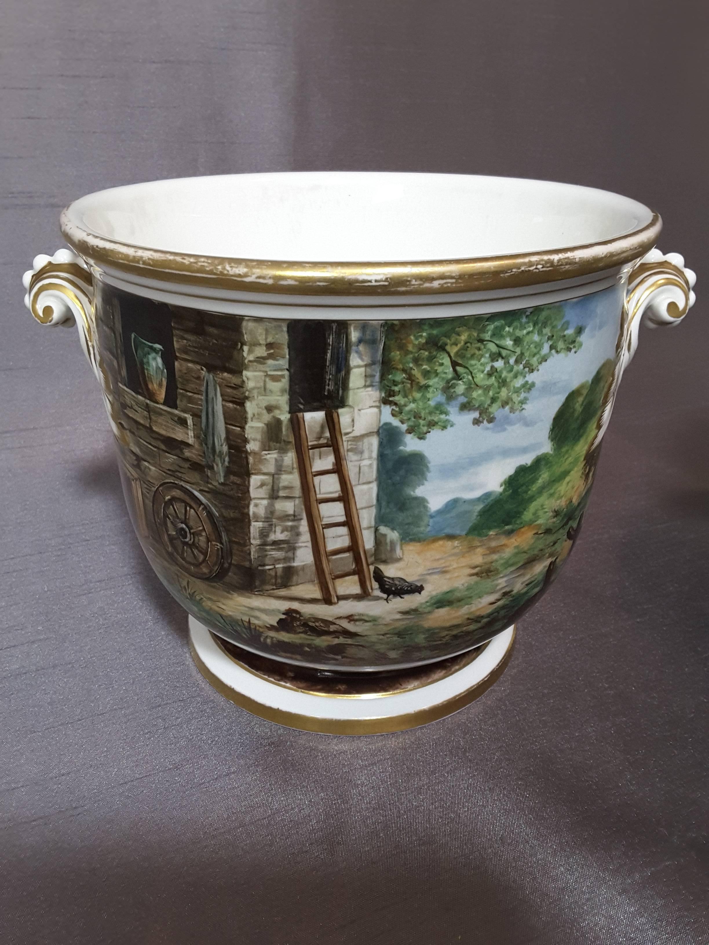 A pair of Georgian English cache pots, hand-painted & Signed G. Pedersen, Each cache pot is painted with an English Country Farm scene on one side, and painted with Dogs. The other one is painted with chickens & roosters. Both cache pots are