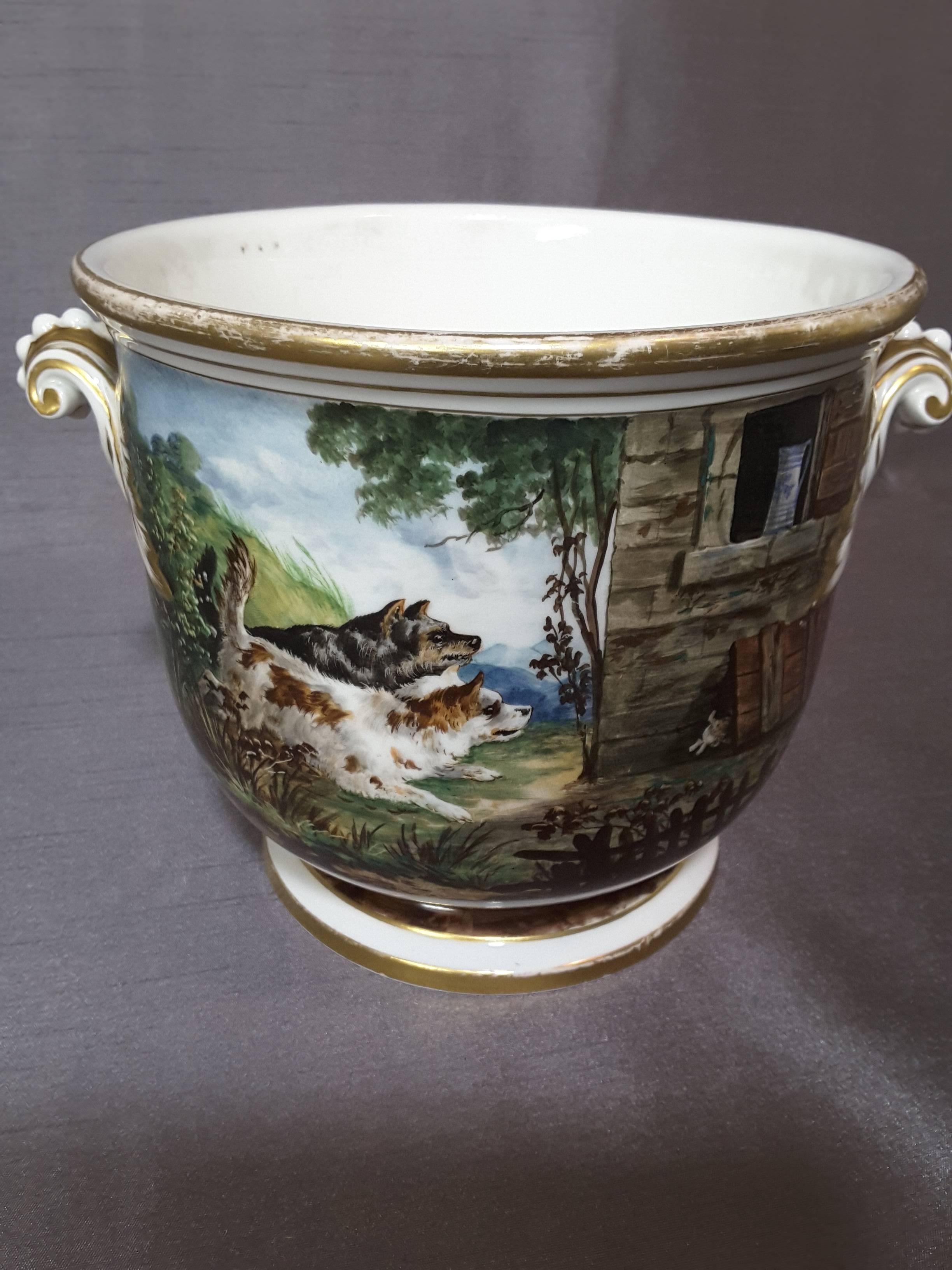 Porcelain Pair of Georgian English Cache Pots, Hand-Painted and Signed