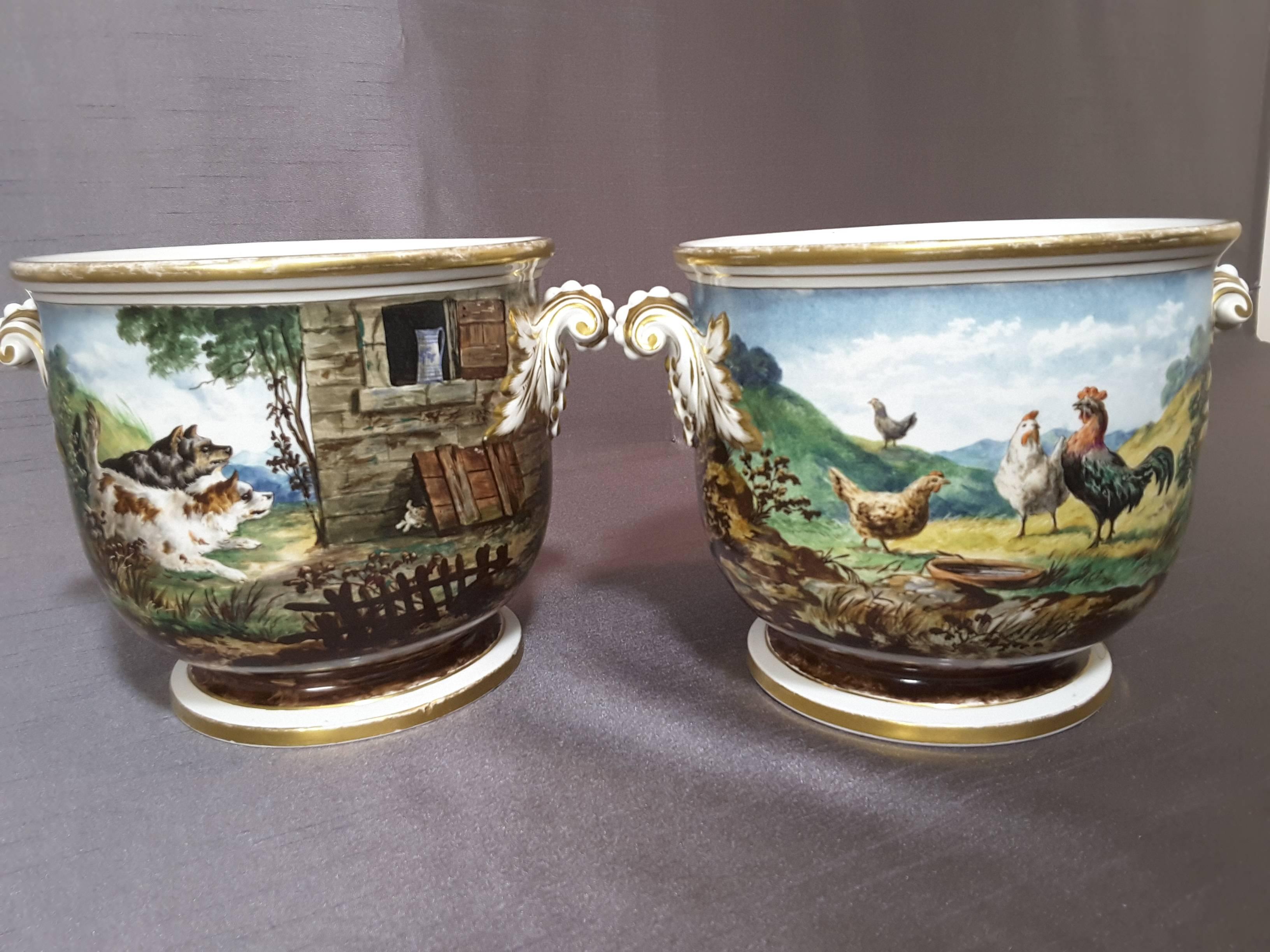 19th Century Pair of Georgian English Cache Pots, Hand-Painted and Signed