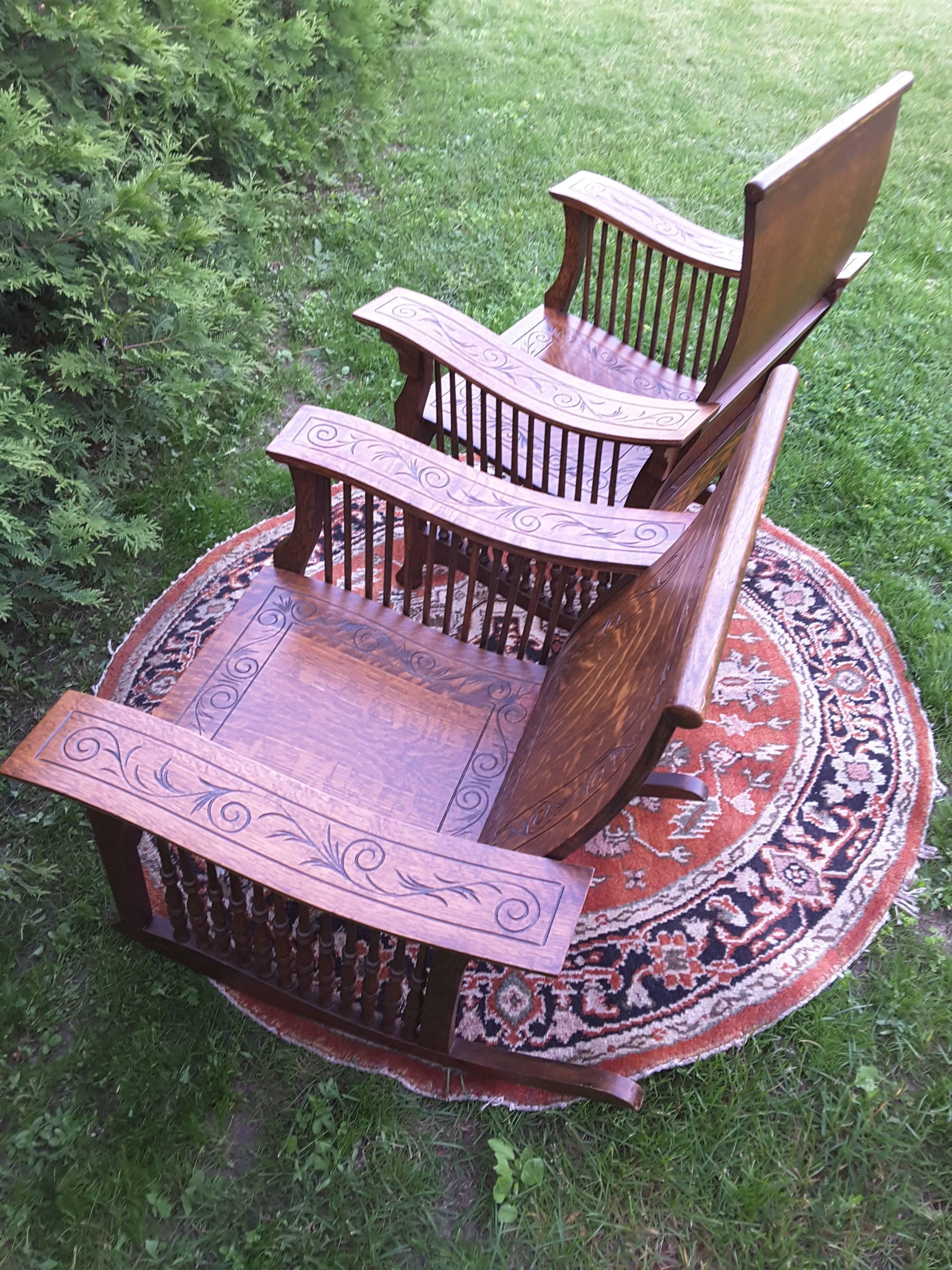 Matched Pair of Quarter Cut Sawn Oak Bentwood Carved Chairs 1