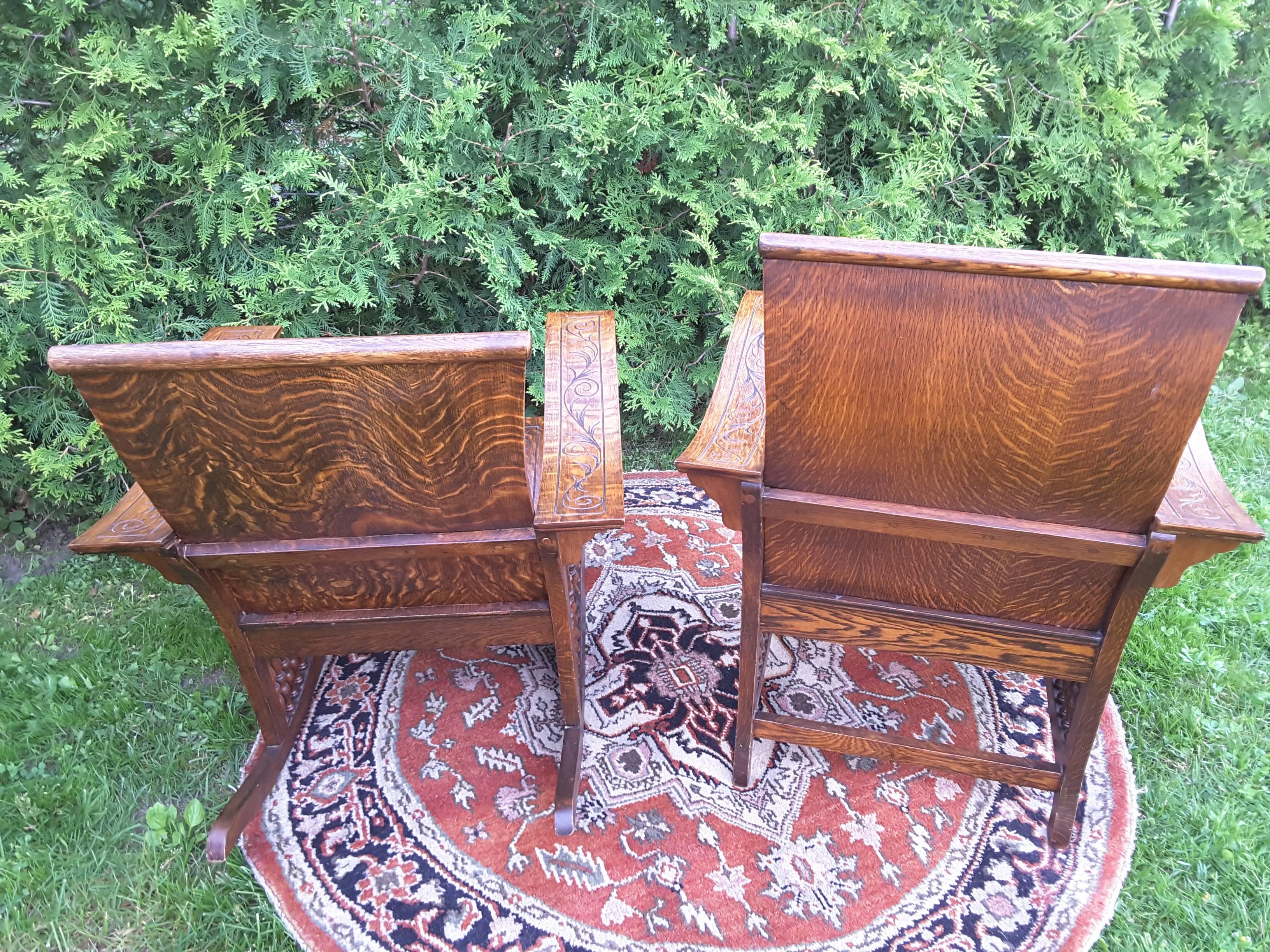 Matched Pair of Quarter Cut Sawn Oak Bentwood Carved Chairs 2