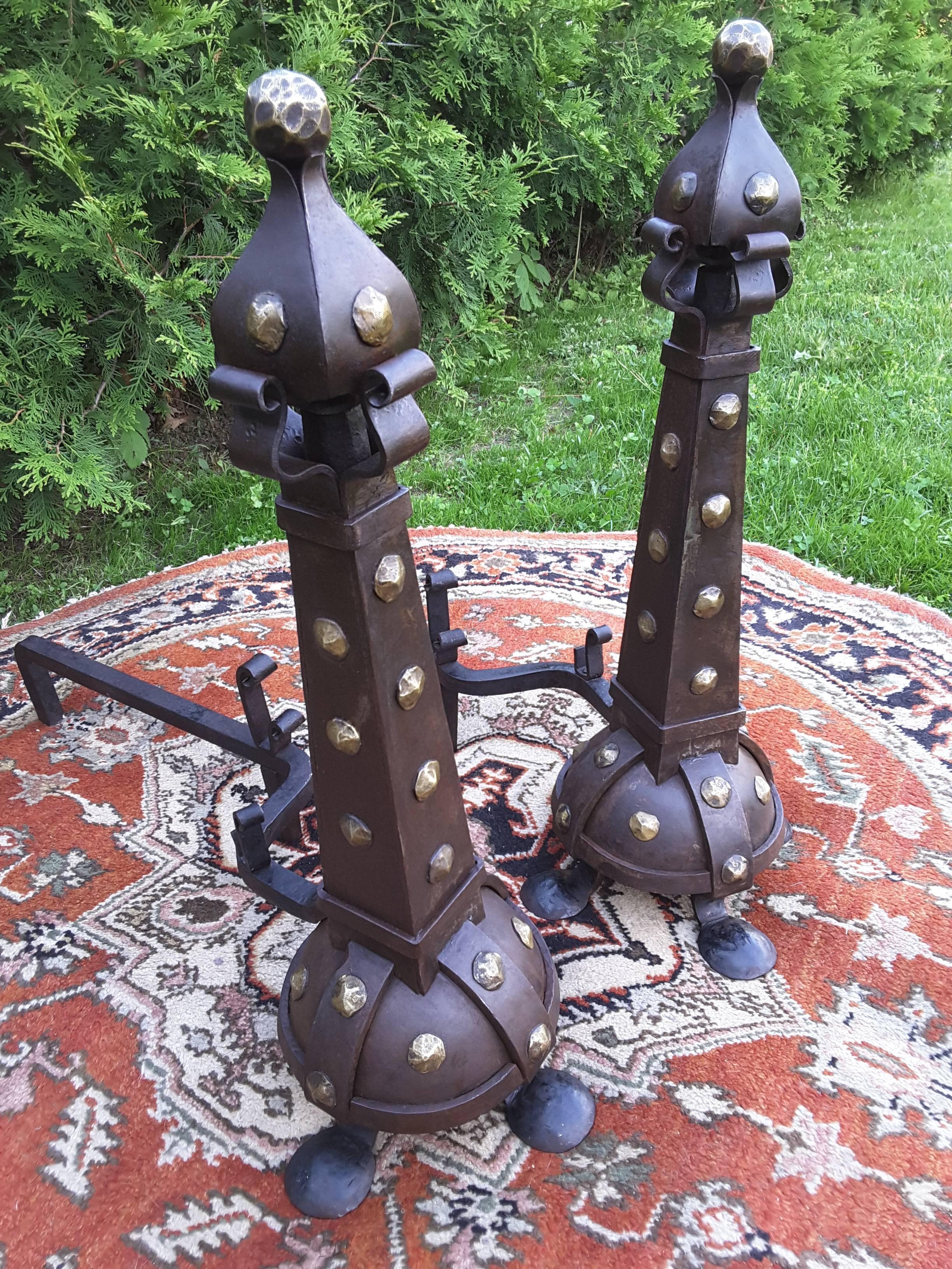 Arts and Crafts Fine Pair of Stunning Arts & Crafts Steel and Brass Andirons