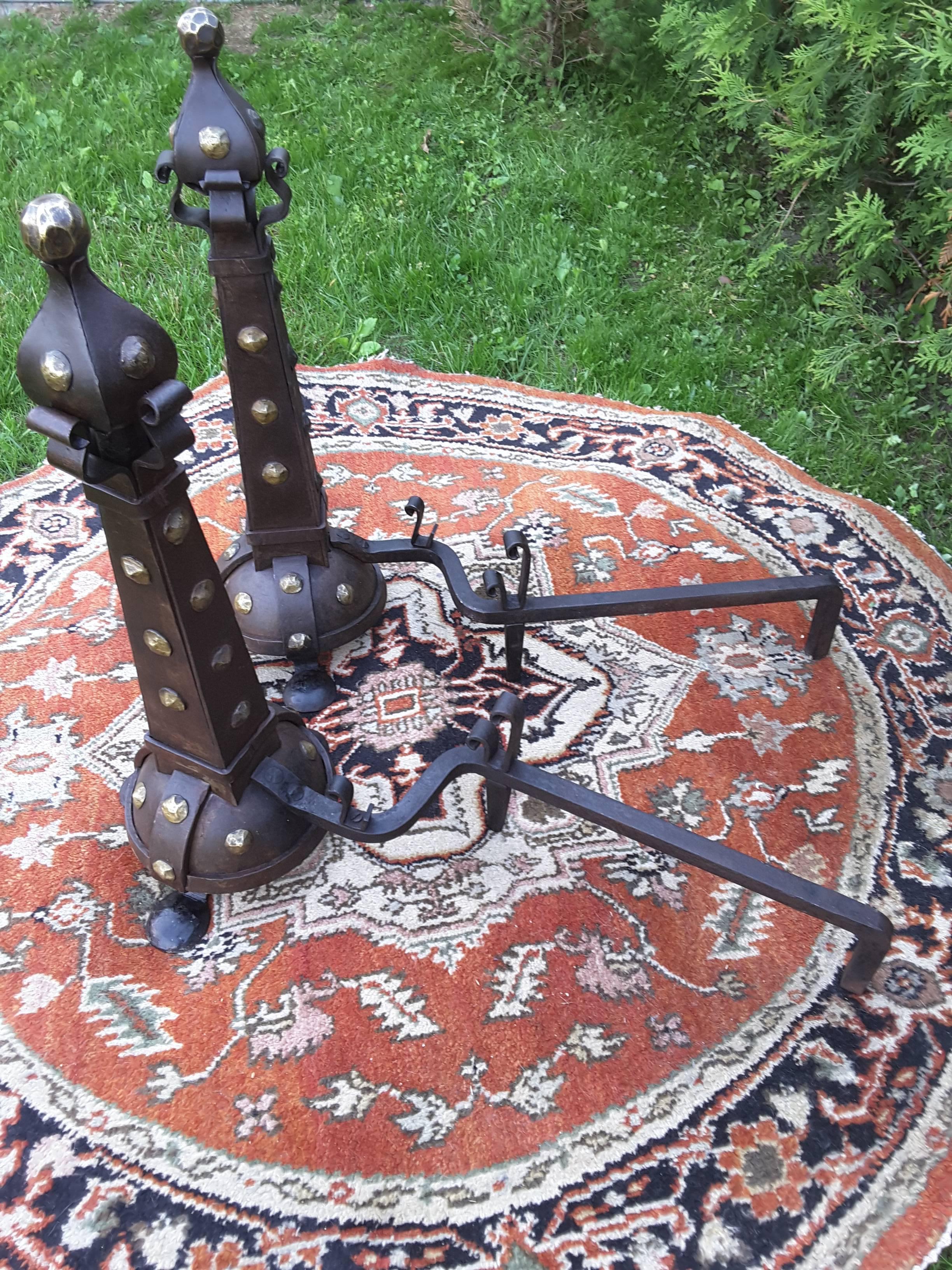 Fine Pair of Stunning Arts & Crafts Steel and Brass Andirons In Excellent Condition In Ottawa, Ontario