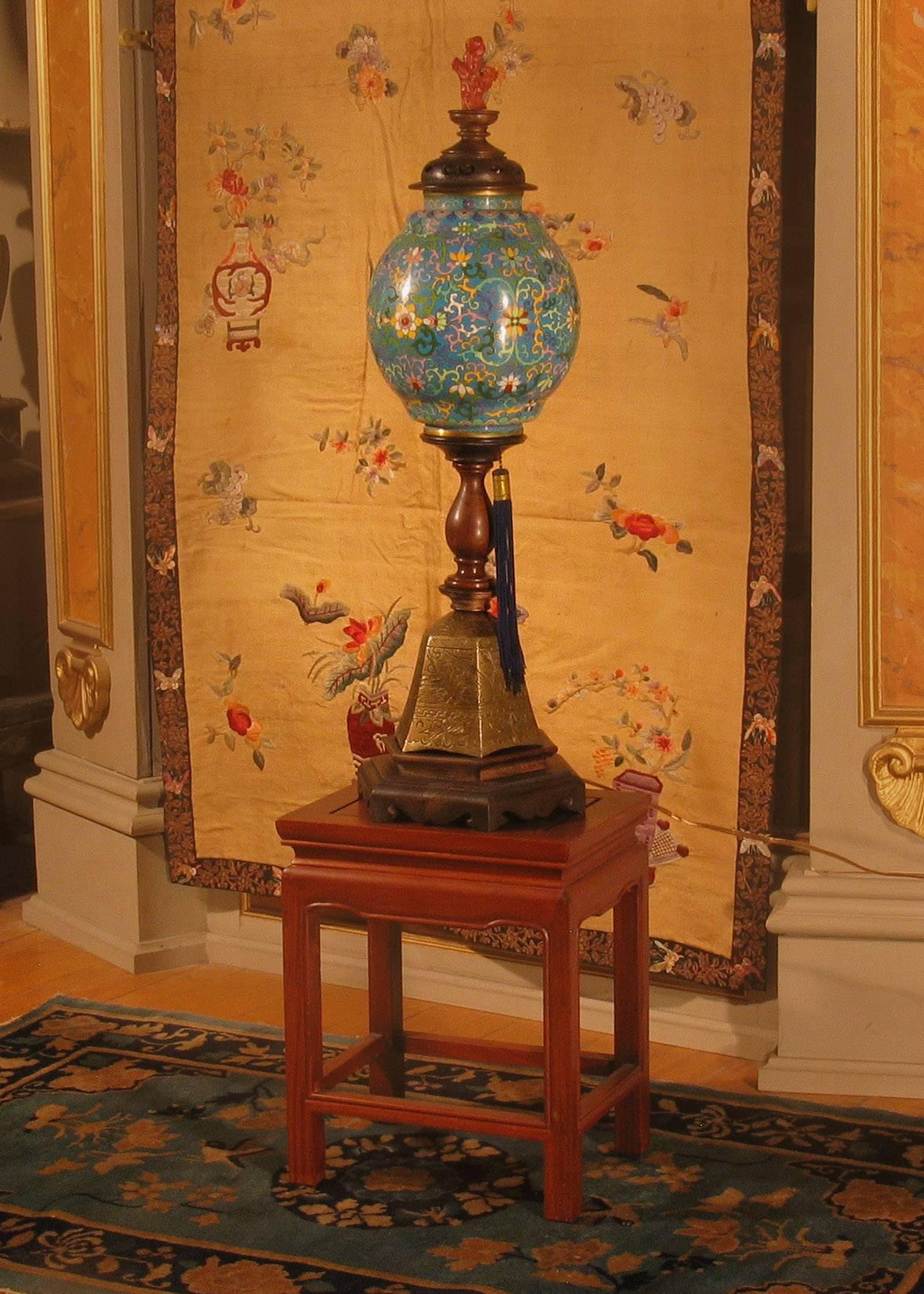 Mid-20th Century Chinese Lamp with a Plique-A-Jour Shade For Sale