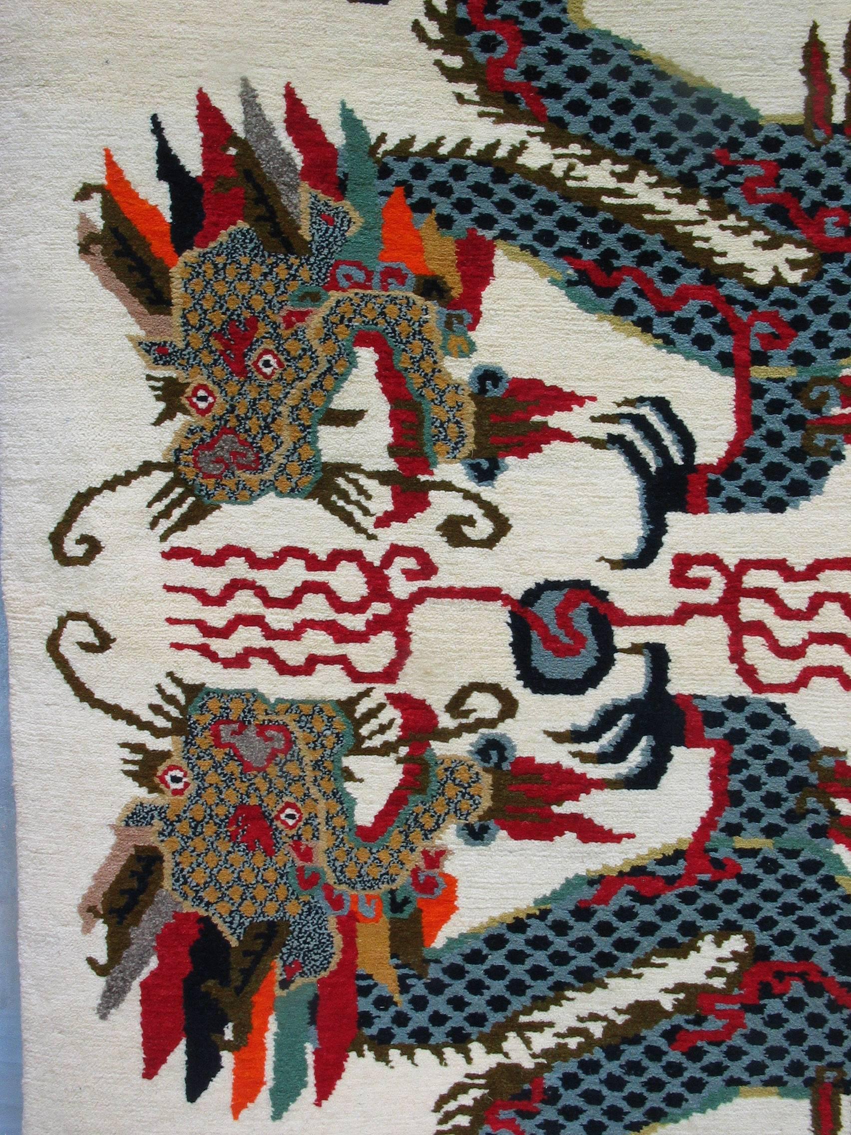 Tibetan Double Dragon Khaden Rug Flaming Pearls In Excellent Condition In Ottawa, Ontario