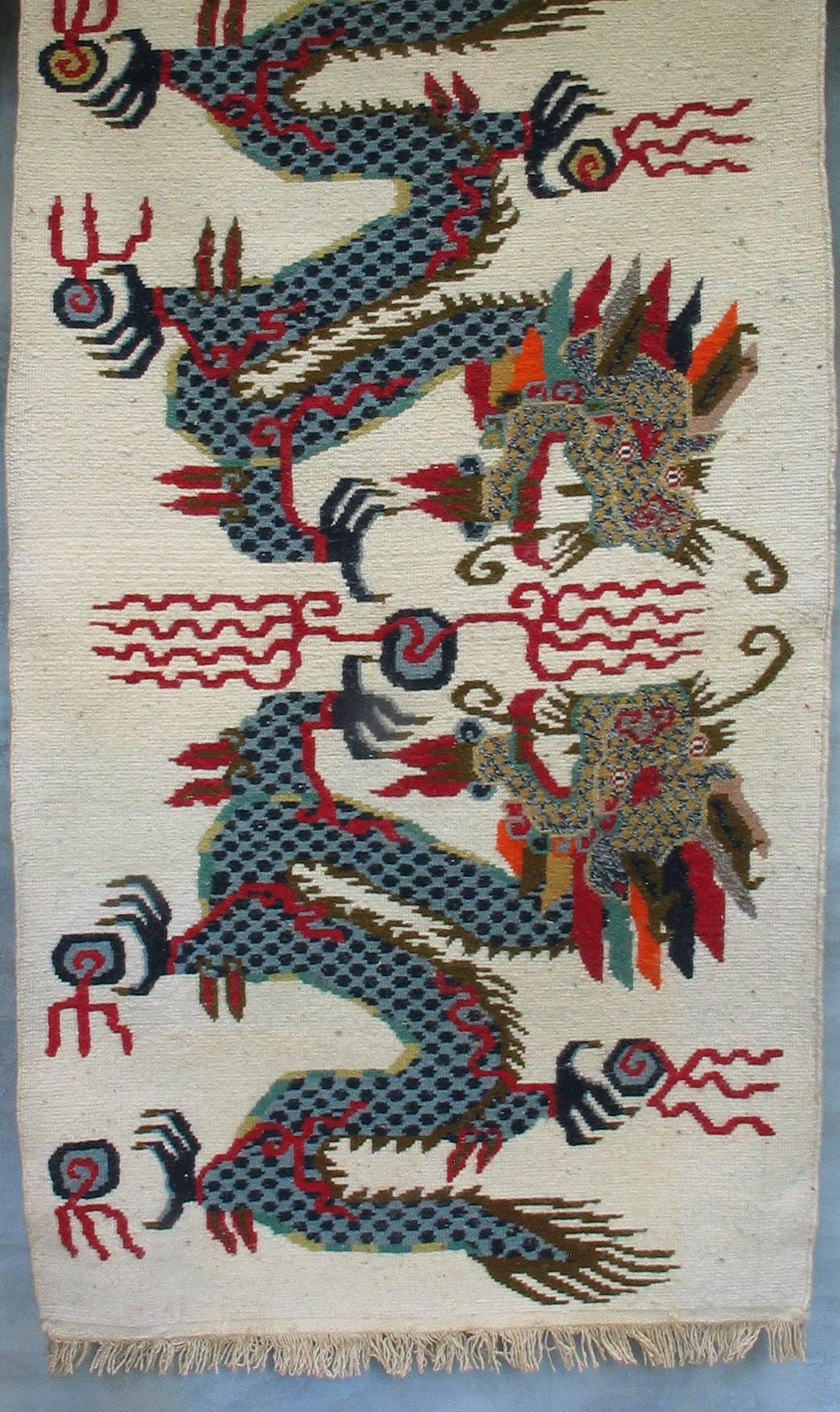 Mid-20th Century Tibetan Double Dragon Khaden Rug Flaming Pearls