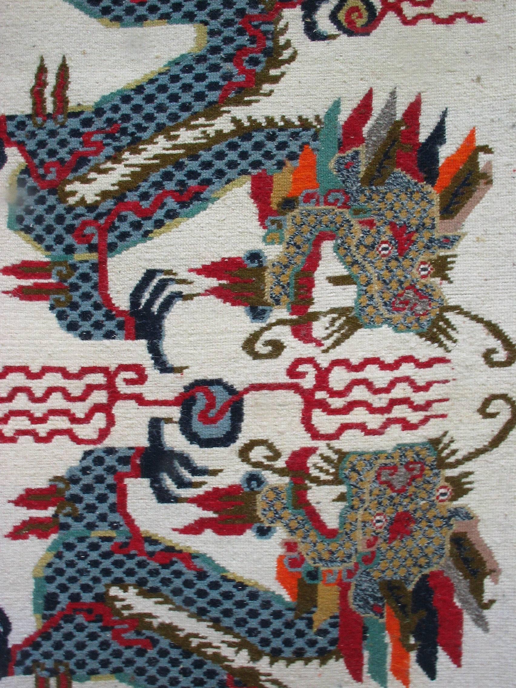 Wool Tibetan Double Dragon Khaden Rug Flaming Pearls