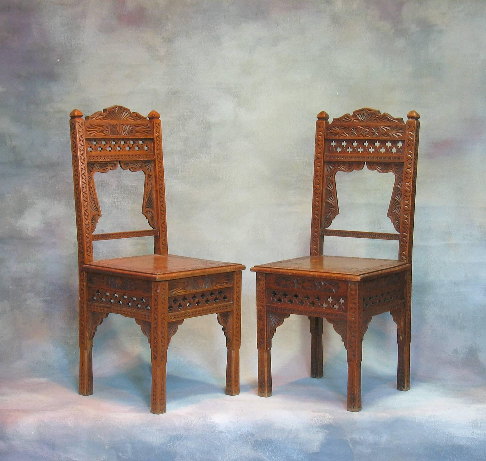20th Century Pair of Middle Eastern Carved Hardwood Side Chairs
