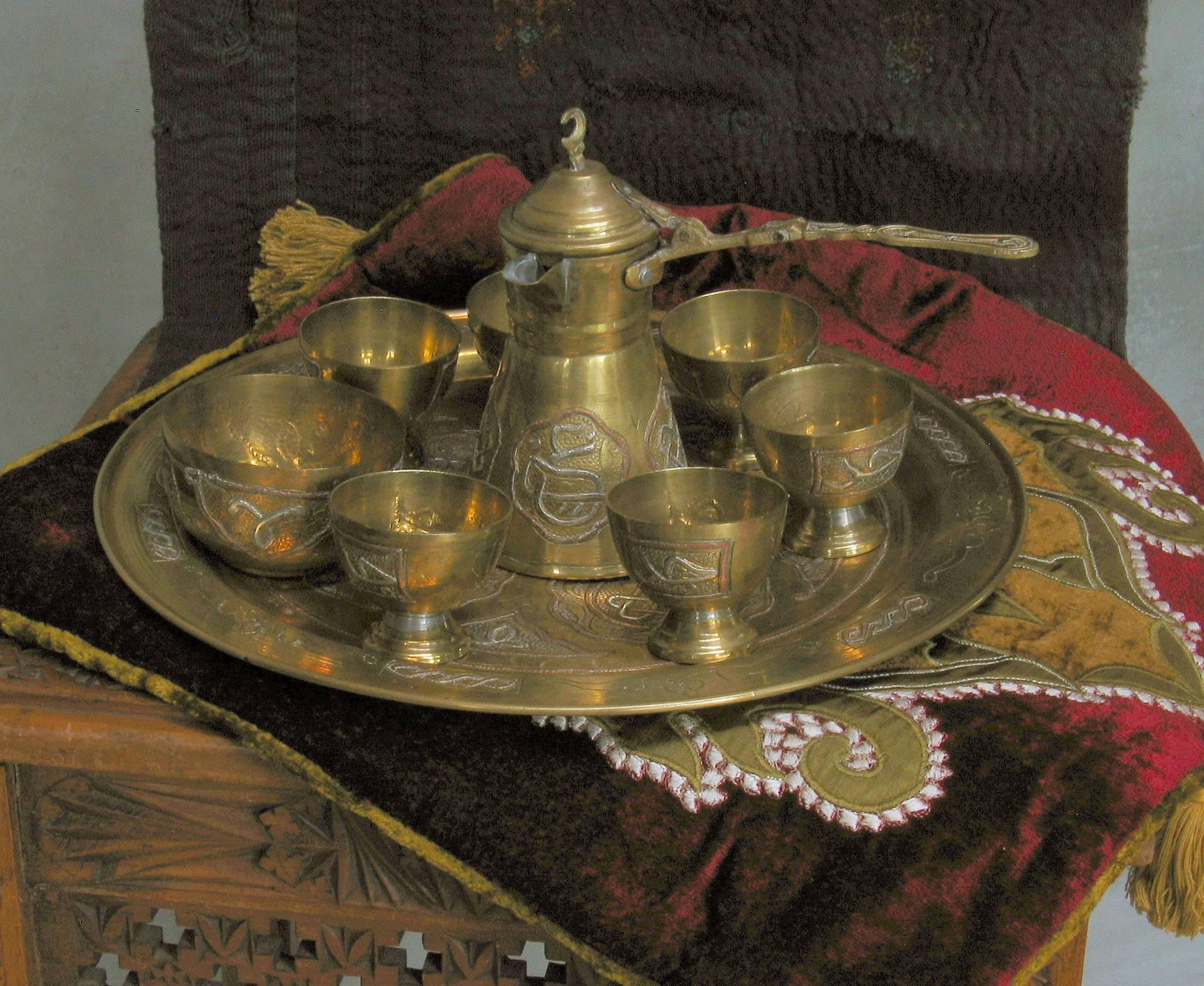 Egyptian Cairoware Brass, Silver and Copper Inlaid Coffee Set For Sale