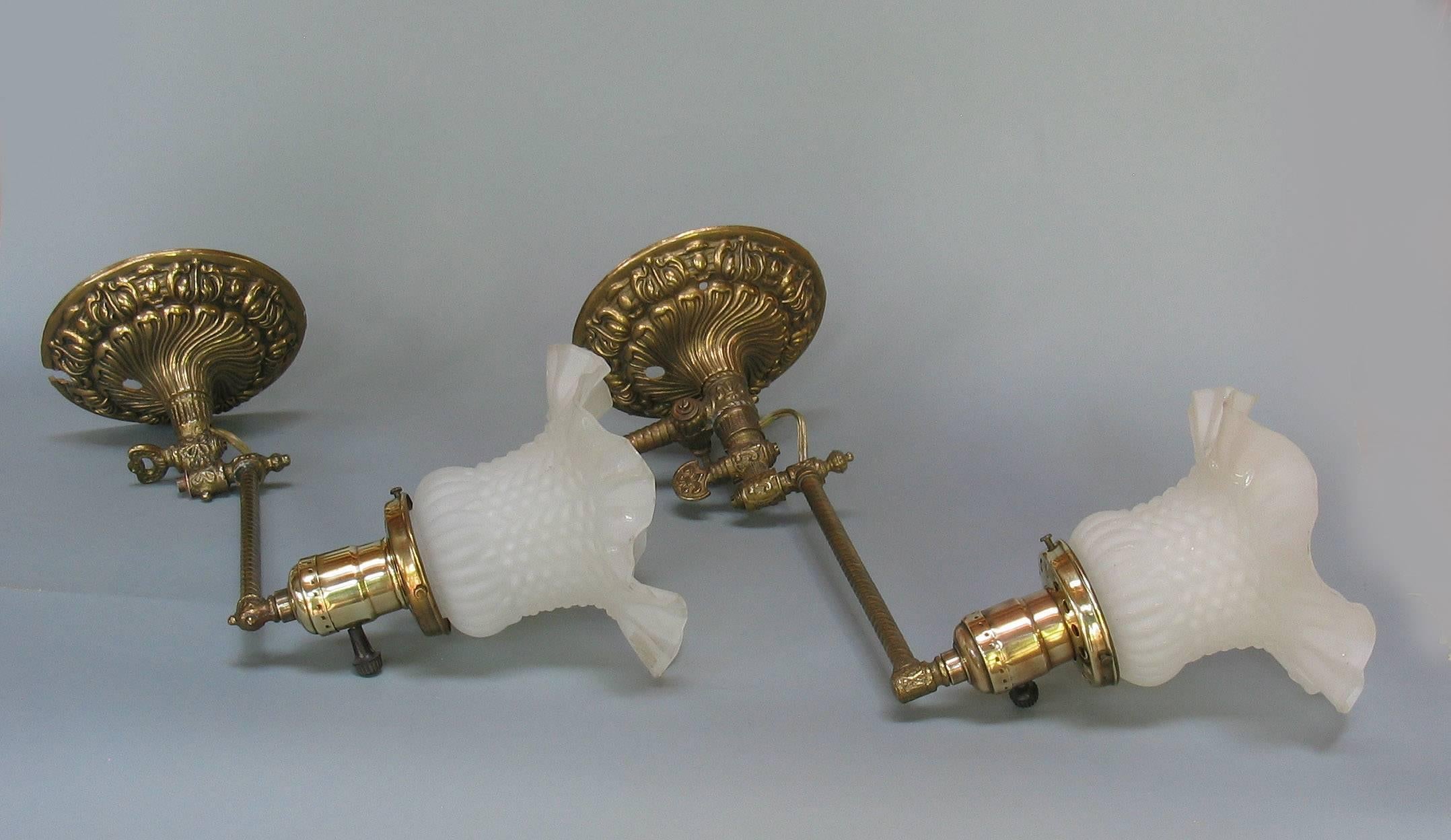 Near-Pair of Victorian Brass Swing Arm Gas Light Sconces In Good Condition In Ottawa, Ontario