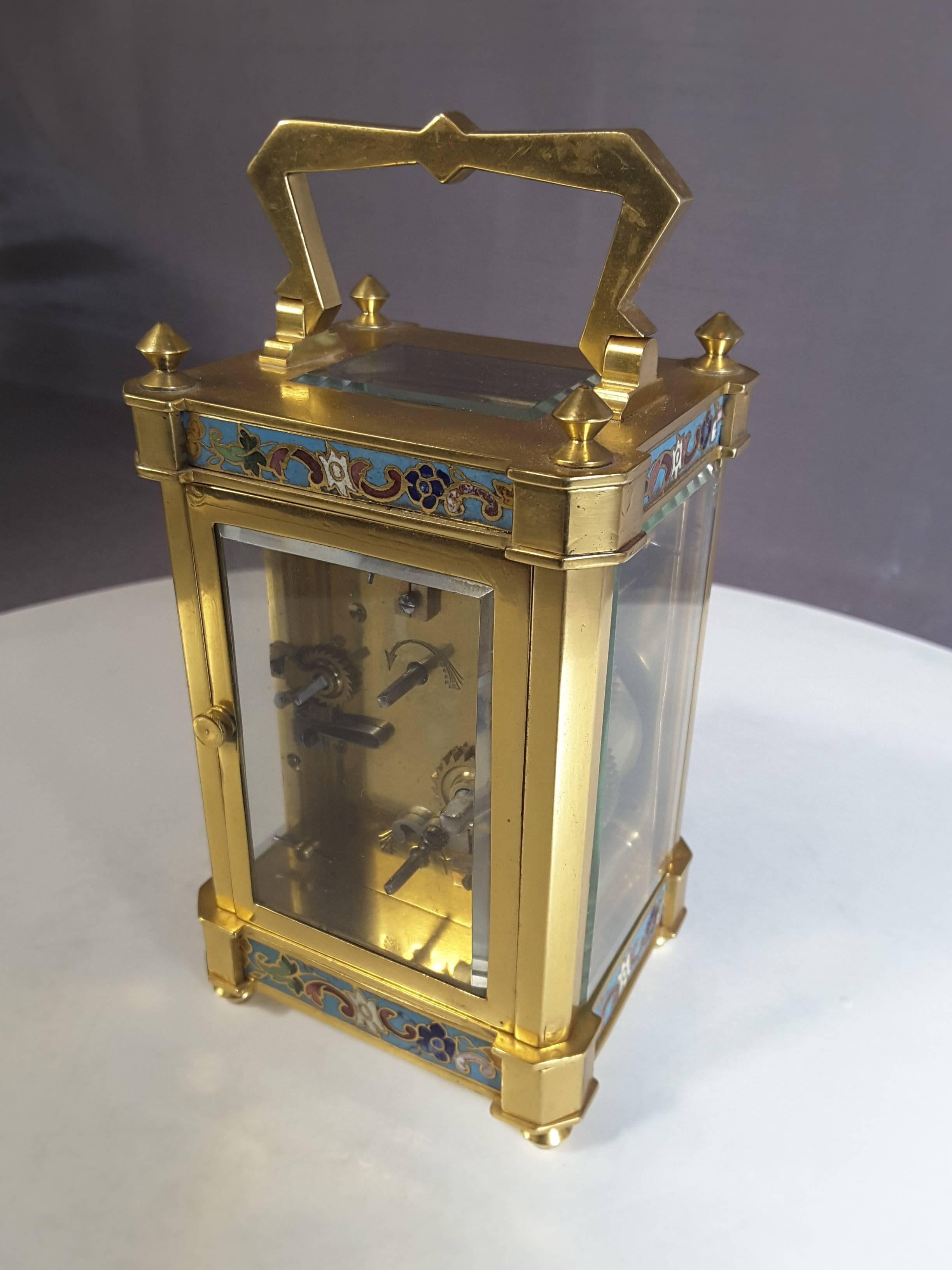 Edwardian French Carriage Alarm Clock with Champlevé  Decoration, Gilt Brass Case