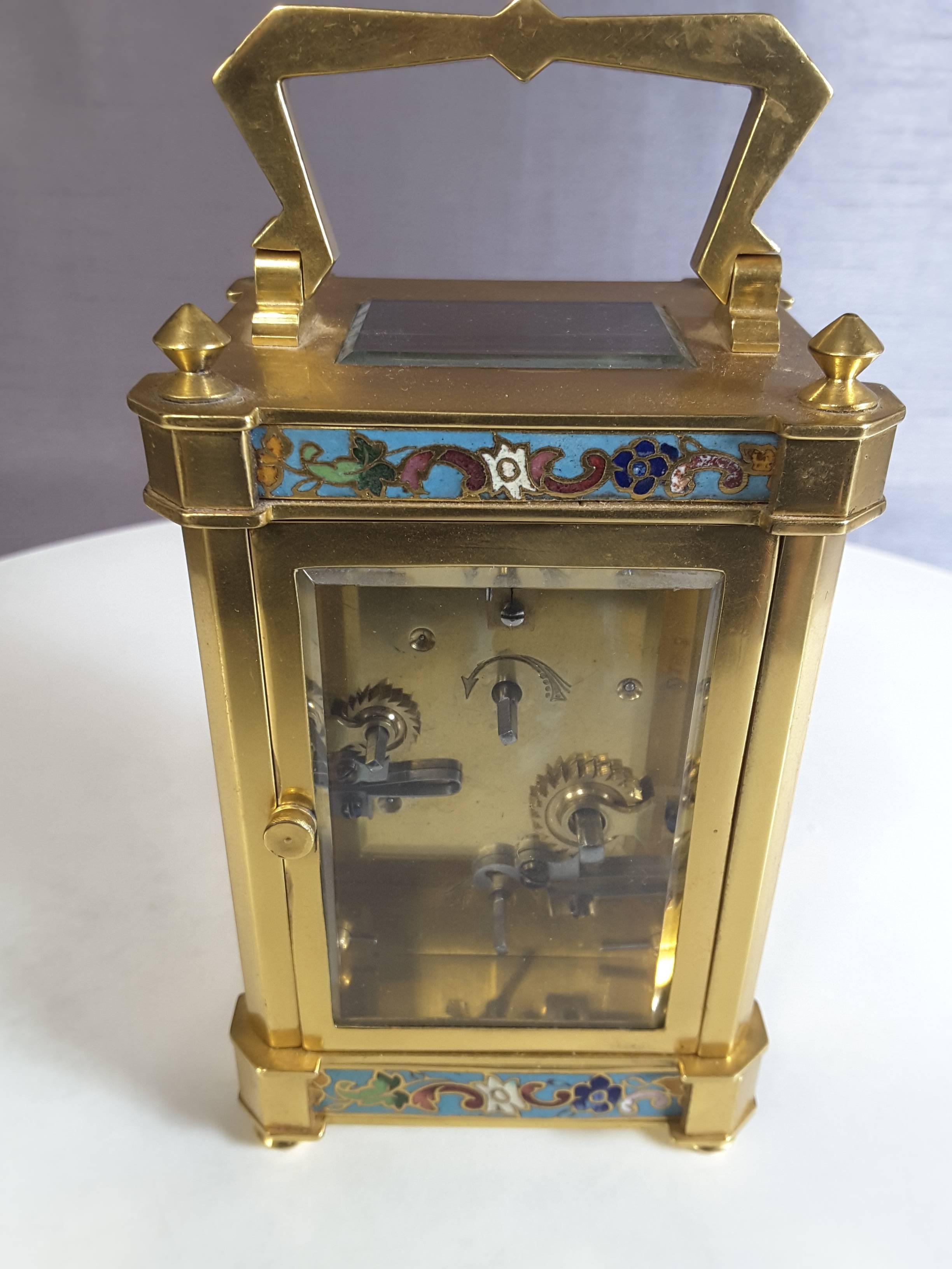 French Carriage Alarm Clock with Champlevé  Decoration, Gilt Brass Case In Good Condition In Ottawa, Ontario