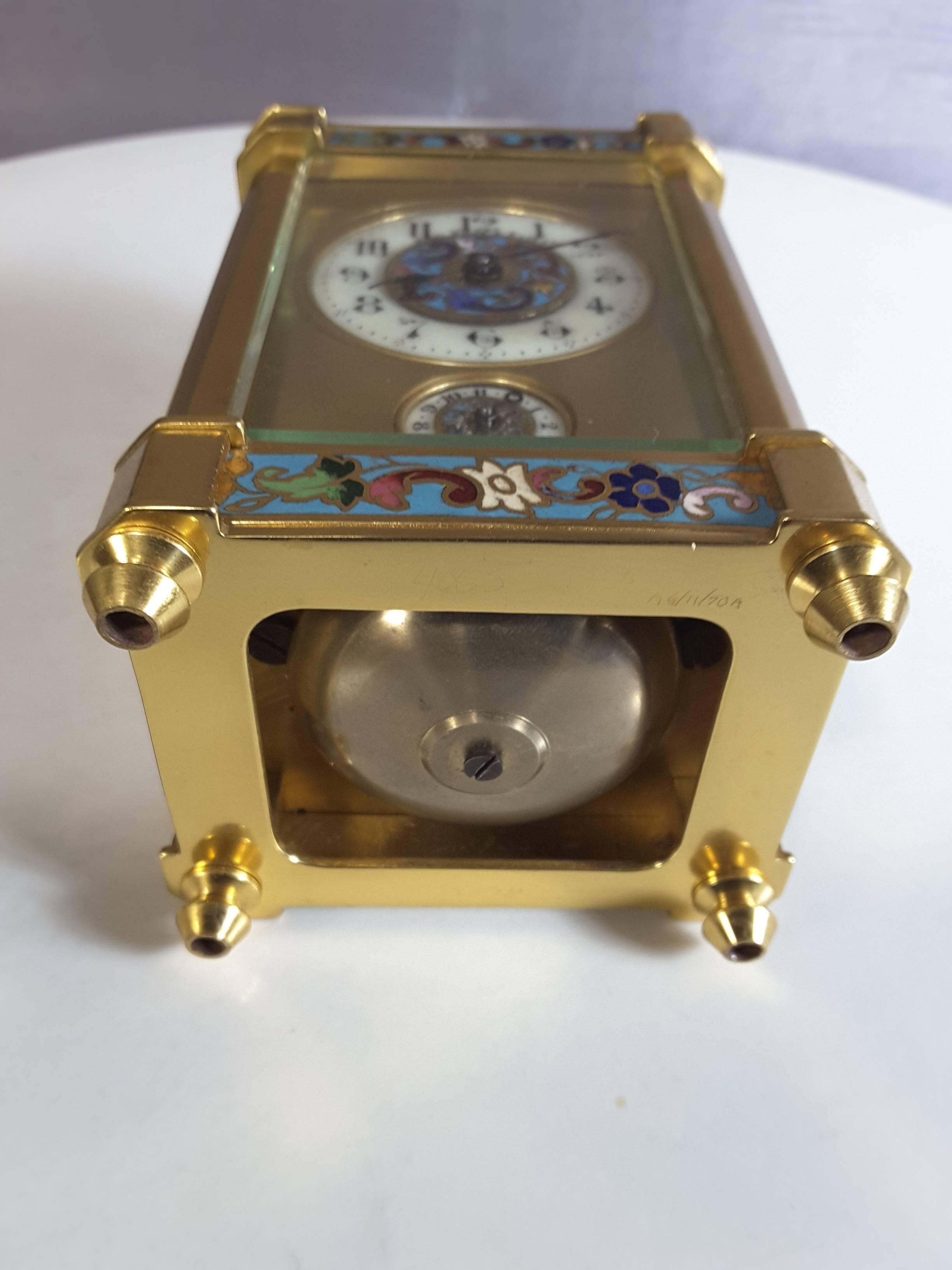 French Carriage Alarm Clock with Champlevé  Decoration, Gilt Brass Case 2