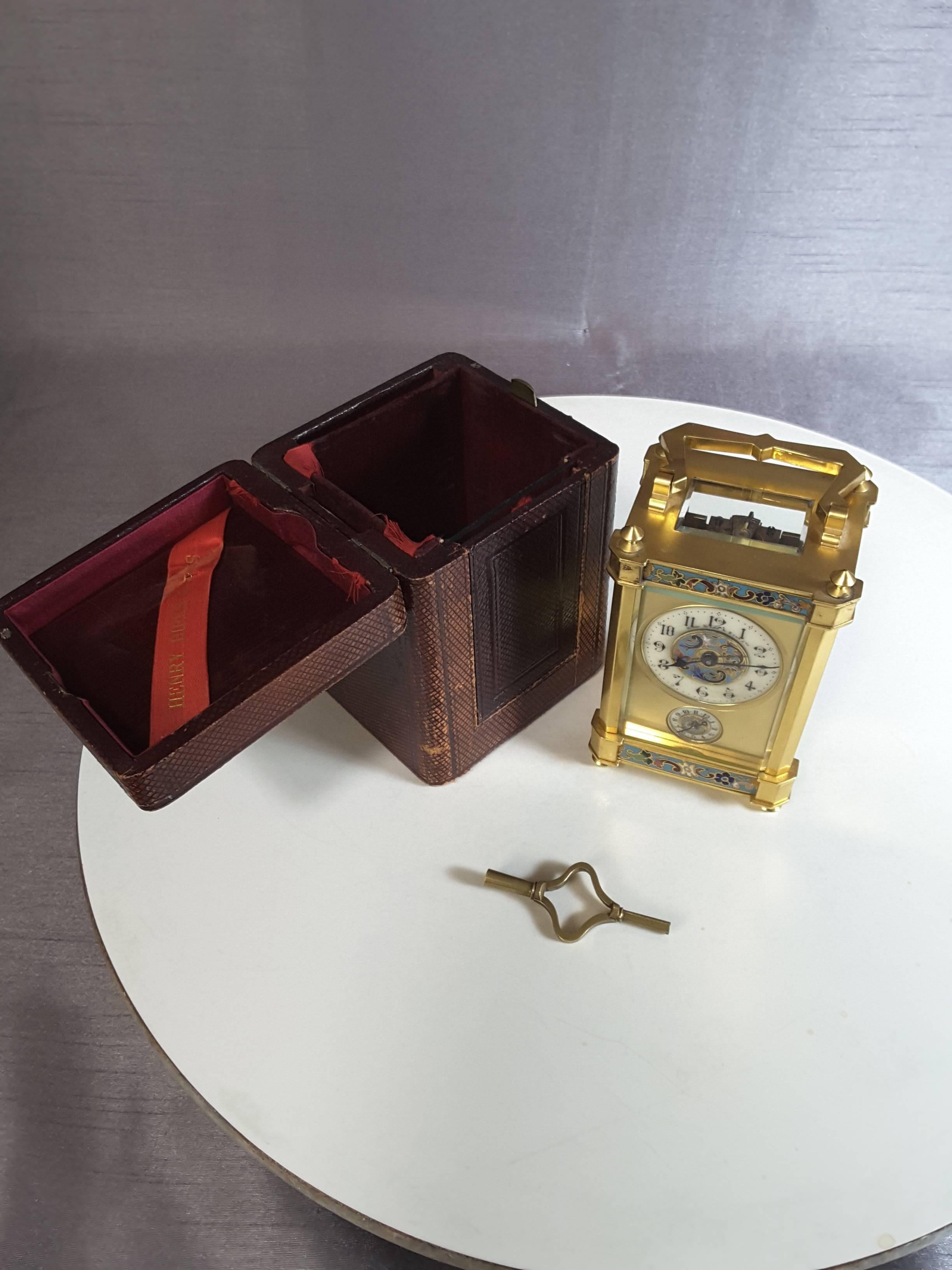 French Carriage Alarm Clock with Champlevé  Decoration, Gilt Brass Case 3
