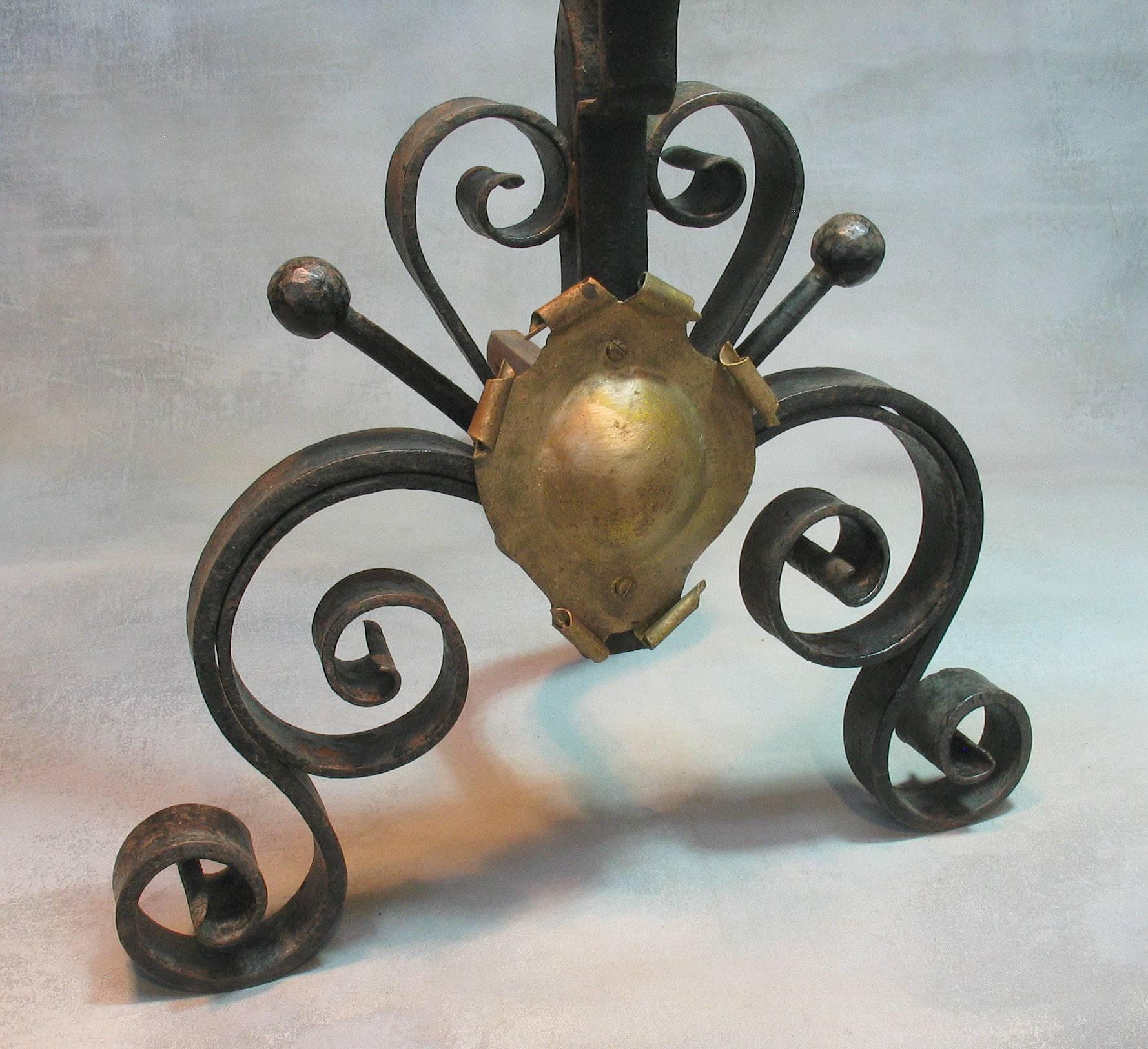 American Pair of Large Cannonball Top Wrought Iron Andirons, 19th Century For Sale