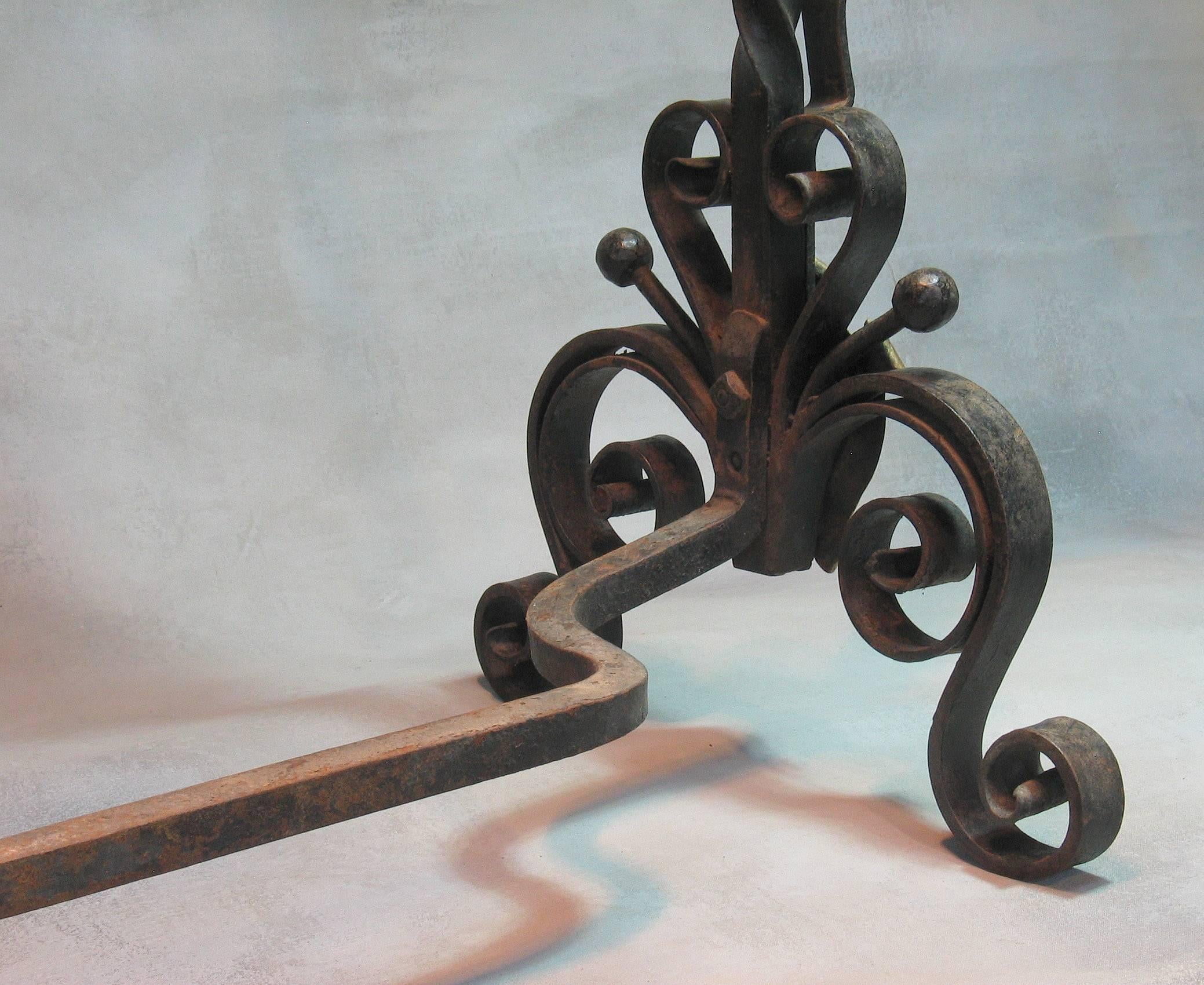 Gilt Pair of Large Cannonball Top Wrought Iron Andirons, 19th Century For Sale