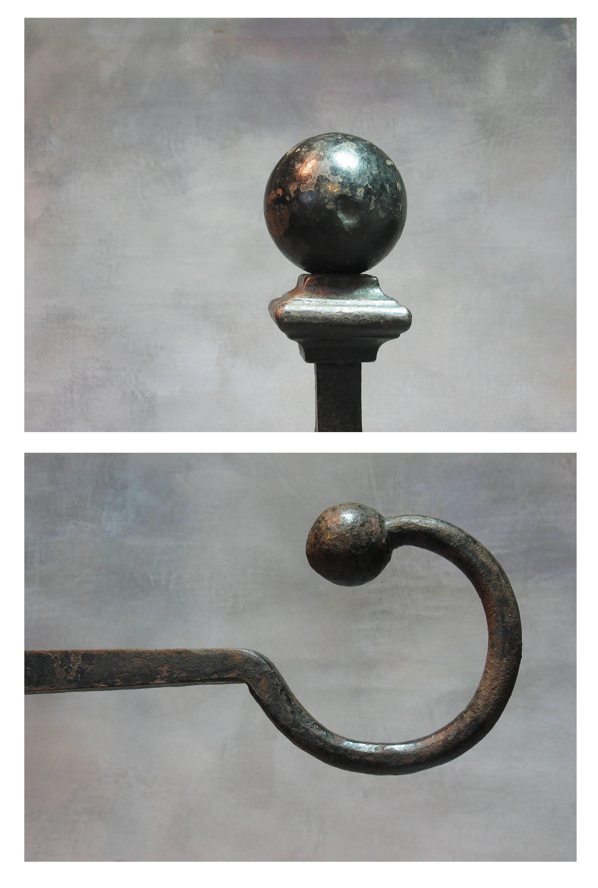 Pair of Large Cannonball Top Wrought Iron Andirons, 19th Century In Good Condition For Sale In Ottawa, Ontario