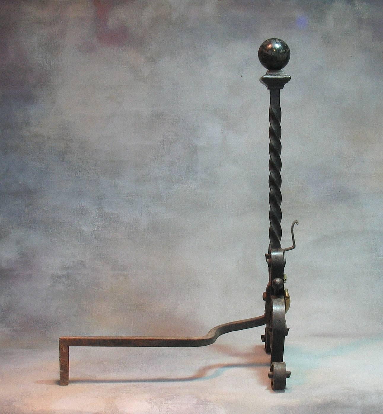 Brass Pair of Large Cannonball Top Wrought Iron Andirons, 19th Century For Sale